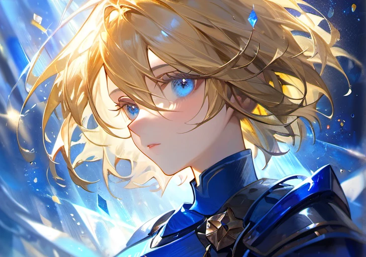 masterpiece, (aesthetic style:0.7), 1girl, solo,  blonde hair, short hair, beautiful eyes, blue eyes, mature woman, blue armor dress, blue particles, blue aura, yellow aura, ((best quality)), ((best resolution)) beautiful face, beautiful hair, serious face, blue light.