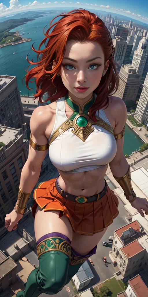 (masterpiece, best quality, 4k, detailed, intricate, realistic),floating in midair,above city,from above,fisheye lens,starfire,orange skin, red hair,gorget, crop top, armlet, vambraces, midriff, skirt, purple skirt, thigh boots,green eyes 
