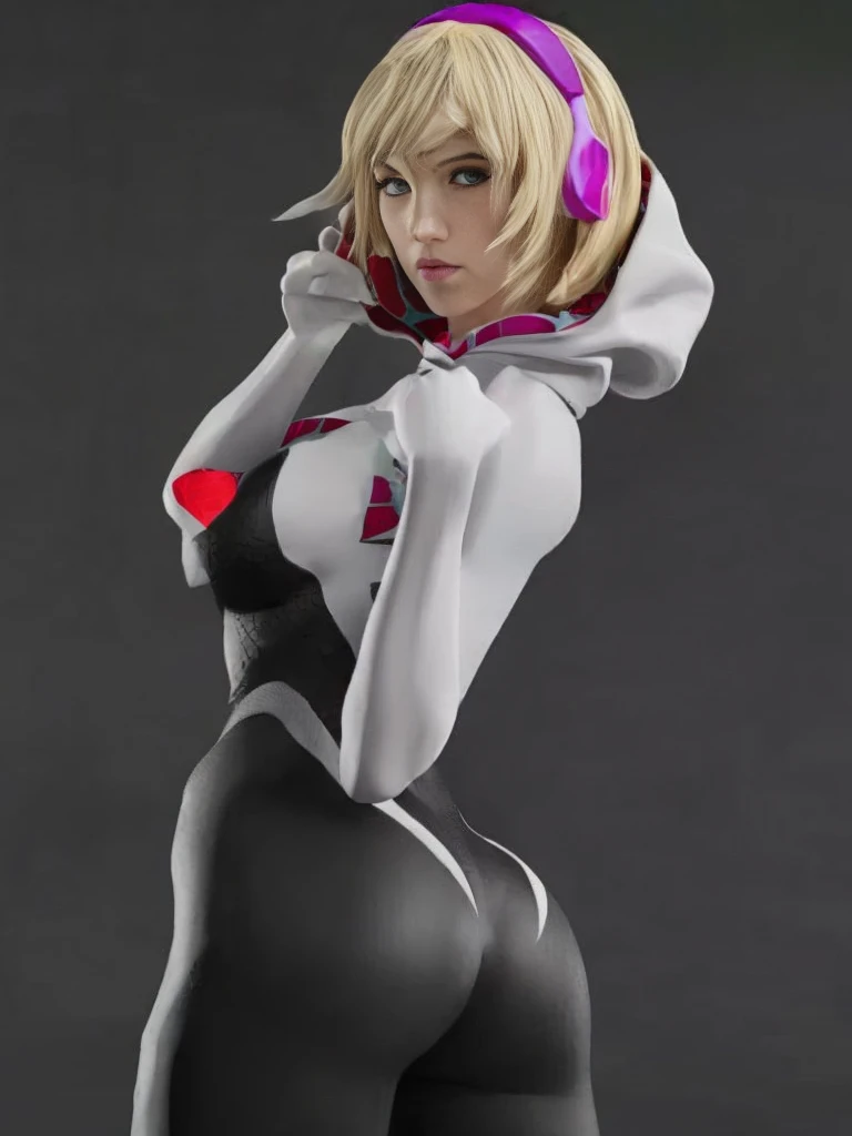 (Highly quality, masterpiece, detailed), city detailed scenario, city detailed background, solo, Gwen, blonde hair, multicolored hair, short hair, hairband, crop top, web-print, hood down, gloves, navel, on top of a building, perfect face, beautiful eyes, look at the viewer, Sexy pose