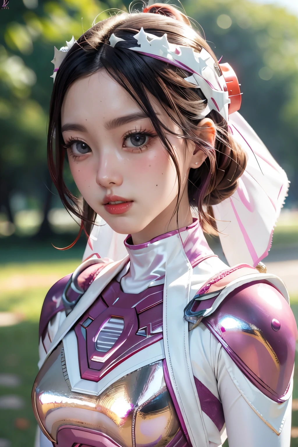 ((PinkRanger, EnakoV1)), 1girl, A beautiful 20 years old Japanese girl, Angelic, cute face,
Beautiful detailed eyes, 
(Large eyes:1.3),long eyelashes,
see-through bangs,
(beautiful detailed face and eyes:1.4), 
Beautiful short dark hair, beautiful smile,
(Best Quality:1.2),
Raw photo, 
High resolution, 
perfect detail, 
Professional Photography, 
Professional Lighting, (Metallic coral magenta and White Hero Suit:1.3), Ultra-tight fit bodysuit, Belt, Huge breasts, Beautiful legs, Strong lighting of the bodysuit,in the park, sexy figure:1.2, half body portrait