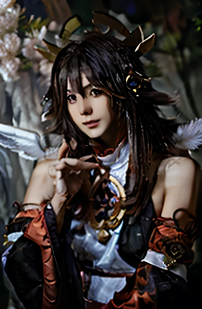 Male angel with long black hair, pale skin and black wings