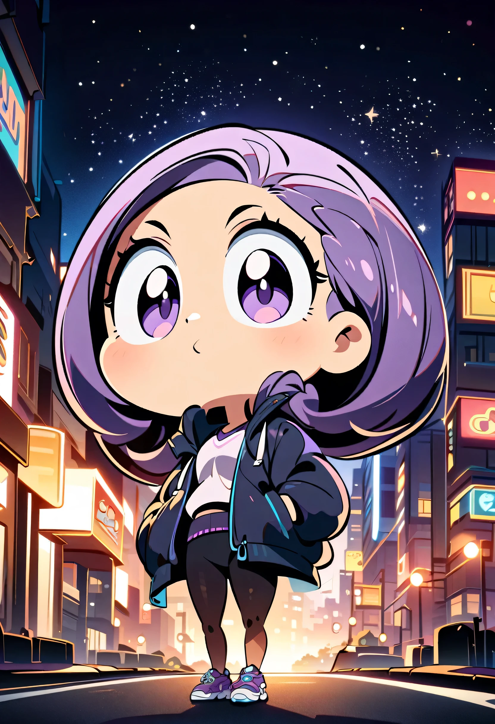 a girl, gorgeous, fitness, long purple hair, big head, cute, wearing a jacket, positioned on a road in a city at night, centered in the image, full body, soft urban lighting, starry sky in the background, cartoon art style, in a natural pose, best quality