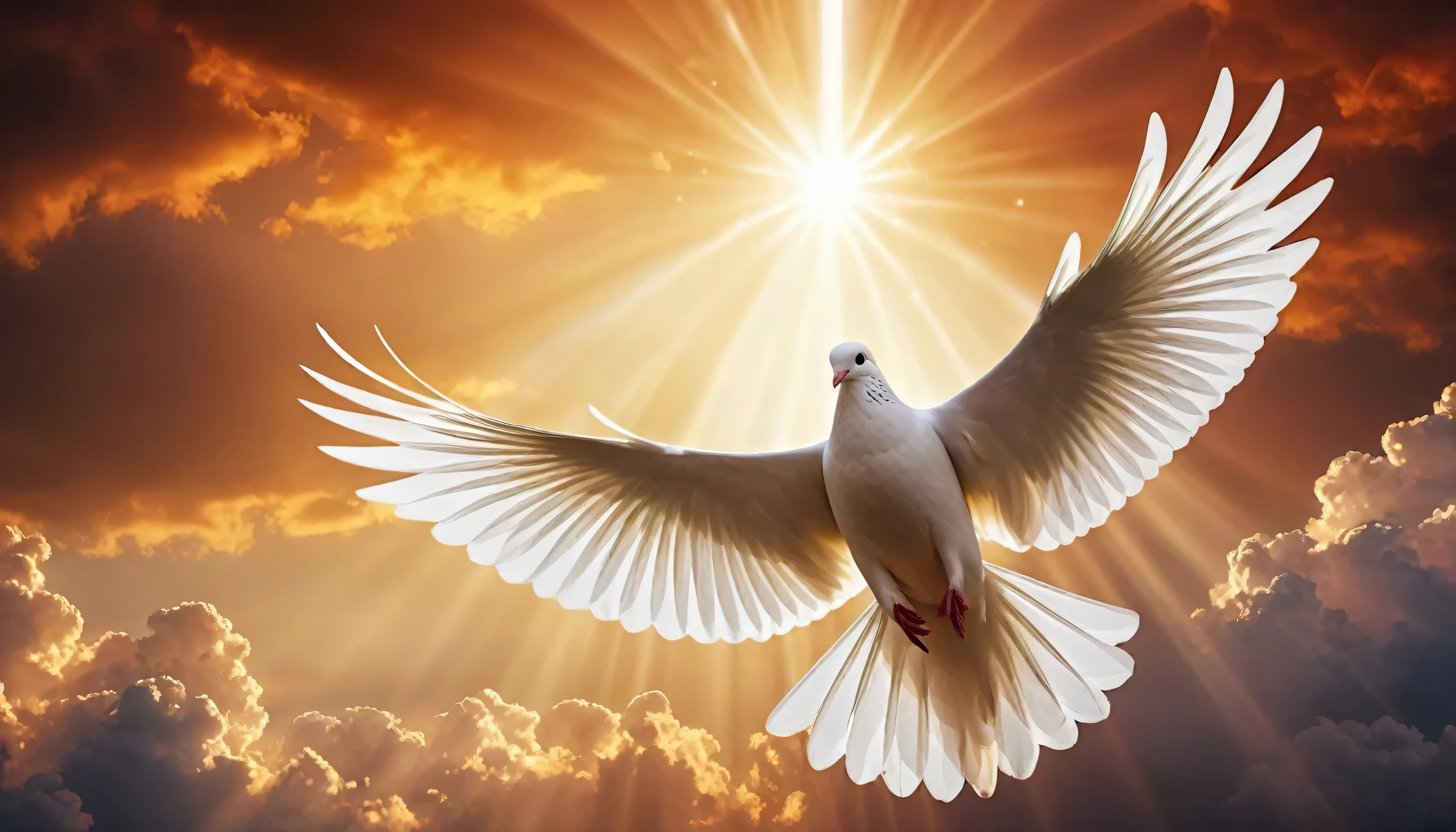 cinematic style with a perfect white dove, symbolizing the Holy Spirit, using artificial intelligence in 4K resolution with very high quality and ultra detail. In this scenario, the dove is being portrayed Coming from heaven with power and glory. Your task is to generate an image that conveys peace, serenidade e espiritualidade, combinada com o fogo do poder divino. A pomba deve ser o elemento central da imagem, com asas abertas e uma aura suave ao redor dela, as she descends from the sky in majesty. Furthermore, a imagem deve incluir elementos de fogo, representing the power of the Holy Spirit, in a dramatic and impactful way, como se fosse uma cena de filme. Cinematic style can include clever use of shadows, dramatic lighting and artistic framing. Make sure the dove is positioned a considerable distance away, Coming from heaven with power and glory, em um ambiente celestial, with elements such as clouds or rays of light in the background to emphasize the feeling of transcendence. The goal is to create an inspiring and comforting image for anyone viewing it., with the intensity and visual impact characteristic of cinema, maintaining the highest possible image quality in 4K resolution, com todos os detalhes e nuances perfeitamente renderizados."