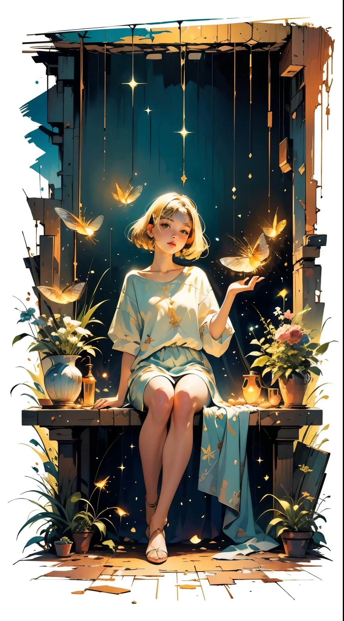 Three-dimensional oil painting on a rough canvas in the complex technique of a palette knife and wide smears patterns. digital painting Portrait of a lovely young woman with hands transforming Magic Fireflies, Translucent golden little Fireflies fly out of her hands, she is sitting on the floor, she is looking at you, breeze in the room, golden sparkles, dim lit simple background, concept art in complex mixed media 16K