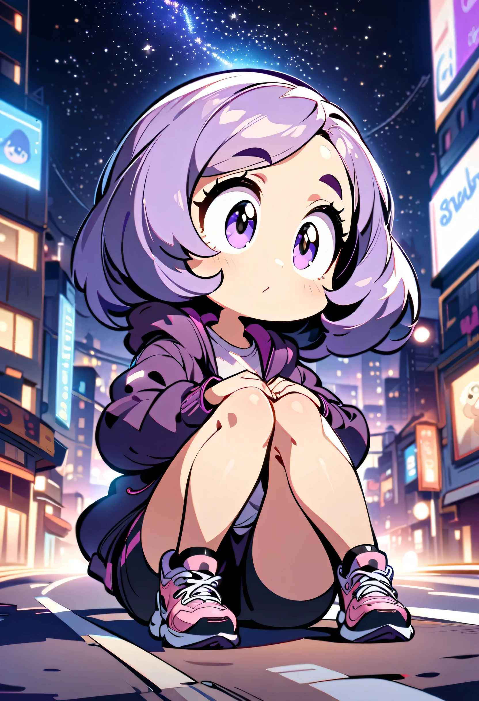 a girl, gorgeous, fitness, long purple hair, big head, big eyes, cute, wearing a jacket, positioned on a road in a city at night, centered in the image, full body, soft urban lighting, starry sky in the background, cartoon art style, in a natural pose, best quality