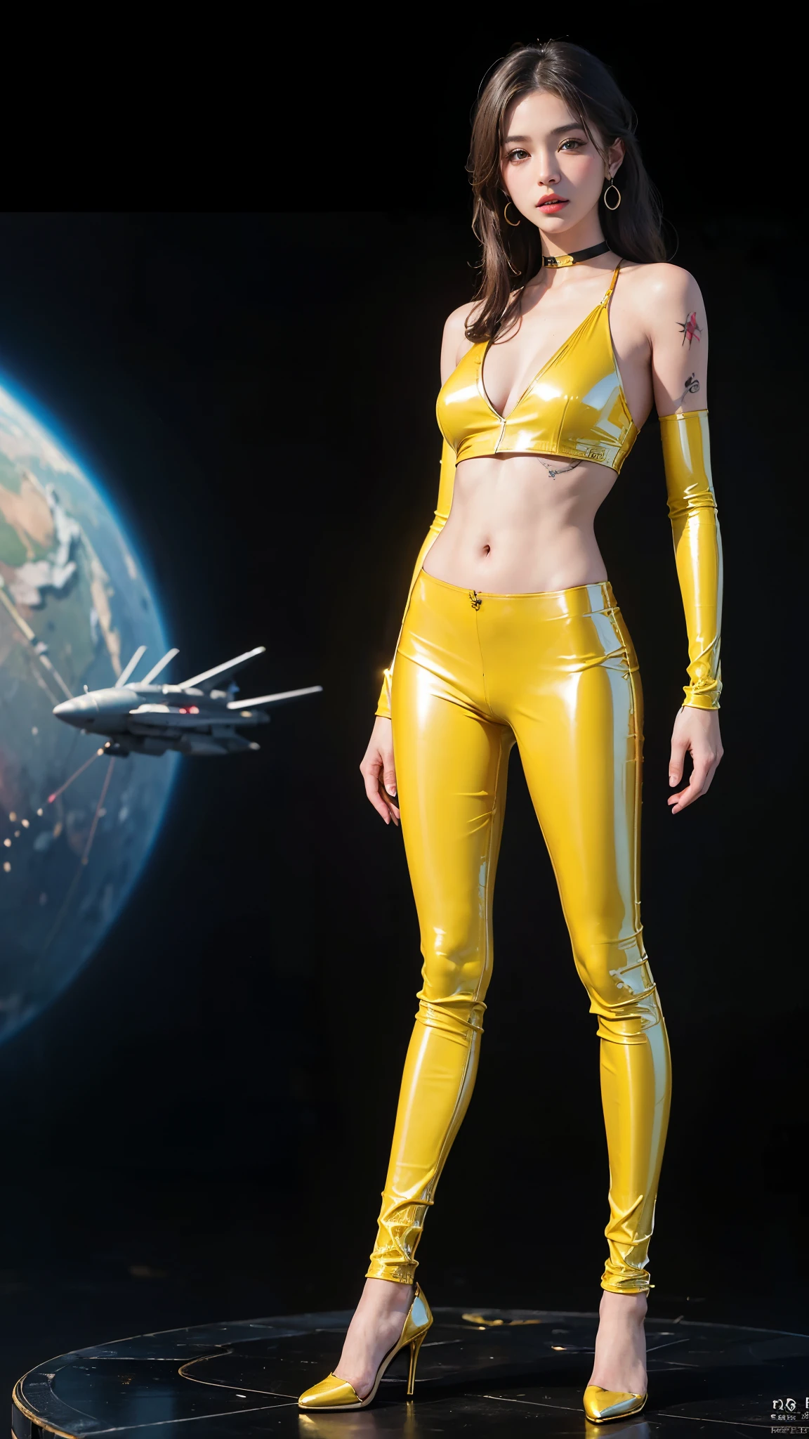 ((masterpiece:1.4)、(highest quality:1.4)、(Realistic:1.7))、Masterpiece:1.4、(Top-notch rendering:1.4)、(Kaoru, the beautiful navigator of the Space Battleship Fuji:1.4)、Super Beauty航海士Kaoru、(By Luis Royo:1.4)、(A uniform that accentuates your beautiful figure:1.2)、(Futuristic sci-fi battle fashion:1.2)、(Street Style Wear)、(Tight Fit Pants)、(Shiny luxury latex:1.4)、(Luxury yellow latex:1.4)、19 years old、(Cute Tattoos:1.4)、(Wearing yellow gloves)、Cute Girl、Super Beauty、(Seductive pose)、Sharp Focus、Portrait Photography:1.4、8k、Photorealistic images:1.4、(Perfect female body:1.4)、Perfect proportions、(Standing:1.4)、(Full body photography:1.4)、Beautiful Face、Fearless look、Beautiful Eyes、(A girl with a beautiful body and slender abdominal muscles)、(Narrow waist:1.4)、(9-body proportions beautiful girl:1.4)、(A beautiful girl with long legs and a good figure:1.4)、Beautiful feet:1.4、(Long Hair:1.2)、Heavy makeup、Eyeshadow、Glow Eye、Glow Lip、Beautiful breasts、Large Breasts:1.2、sexy ass、(Standing facing forward:1.4)、Raw photo、Red lips、Yellow high heels:1.4、choker:1.4、necklace:1.4、Earrings:1.4、1 Screen Display:1.4、Space Battleship Fuji's bridge:1.2