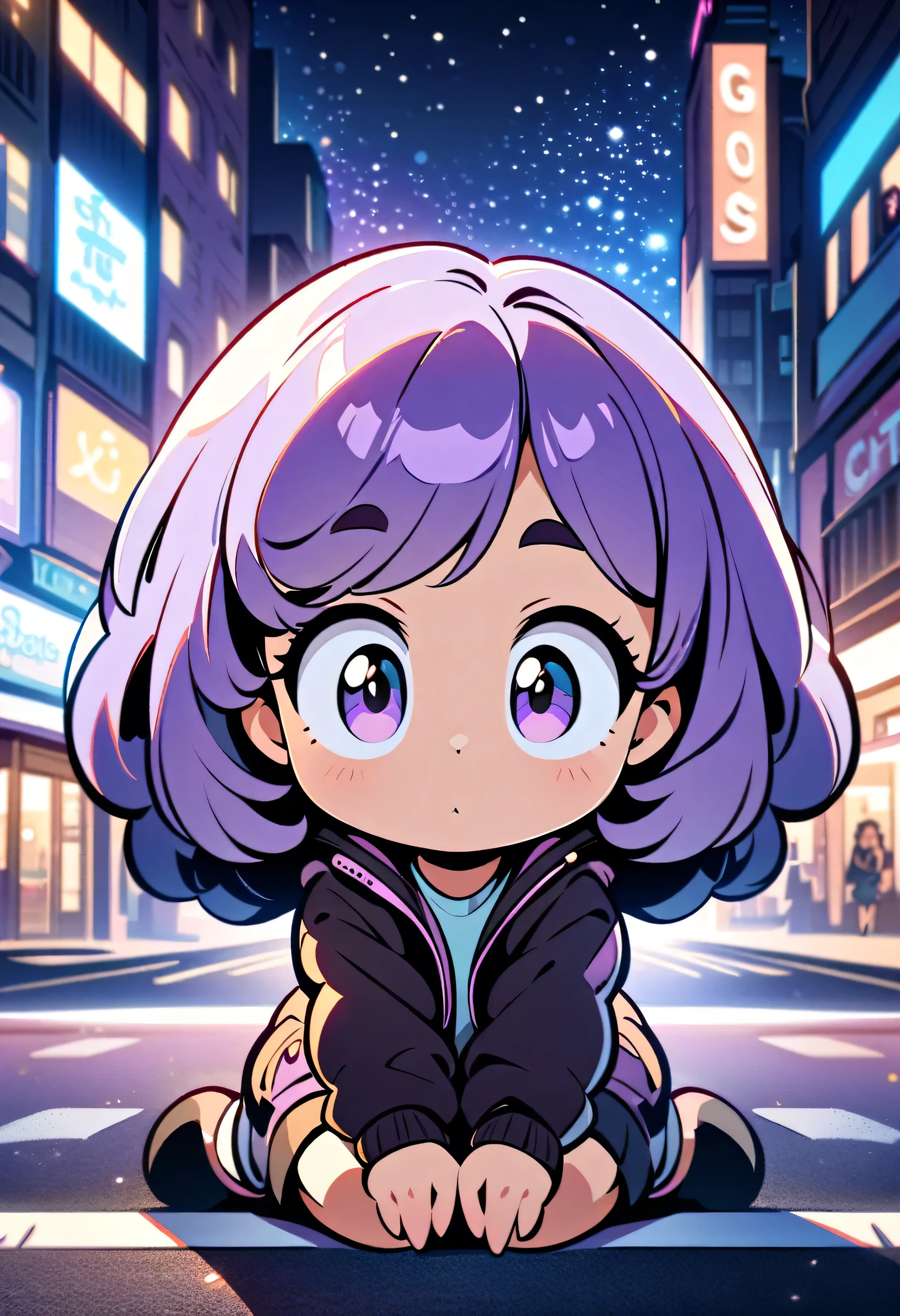 a girl, gorgeous, fitness, long purple hair, big head, big eyes, cute, wearing a jacket, positioned on a road in a city at night, centered in the image, full body, soft urban lighting, starry sky in the background, cartoon art style, in a natural pose, best quality