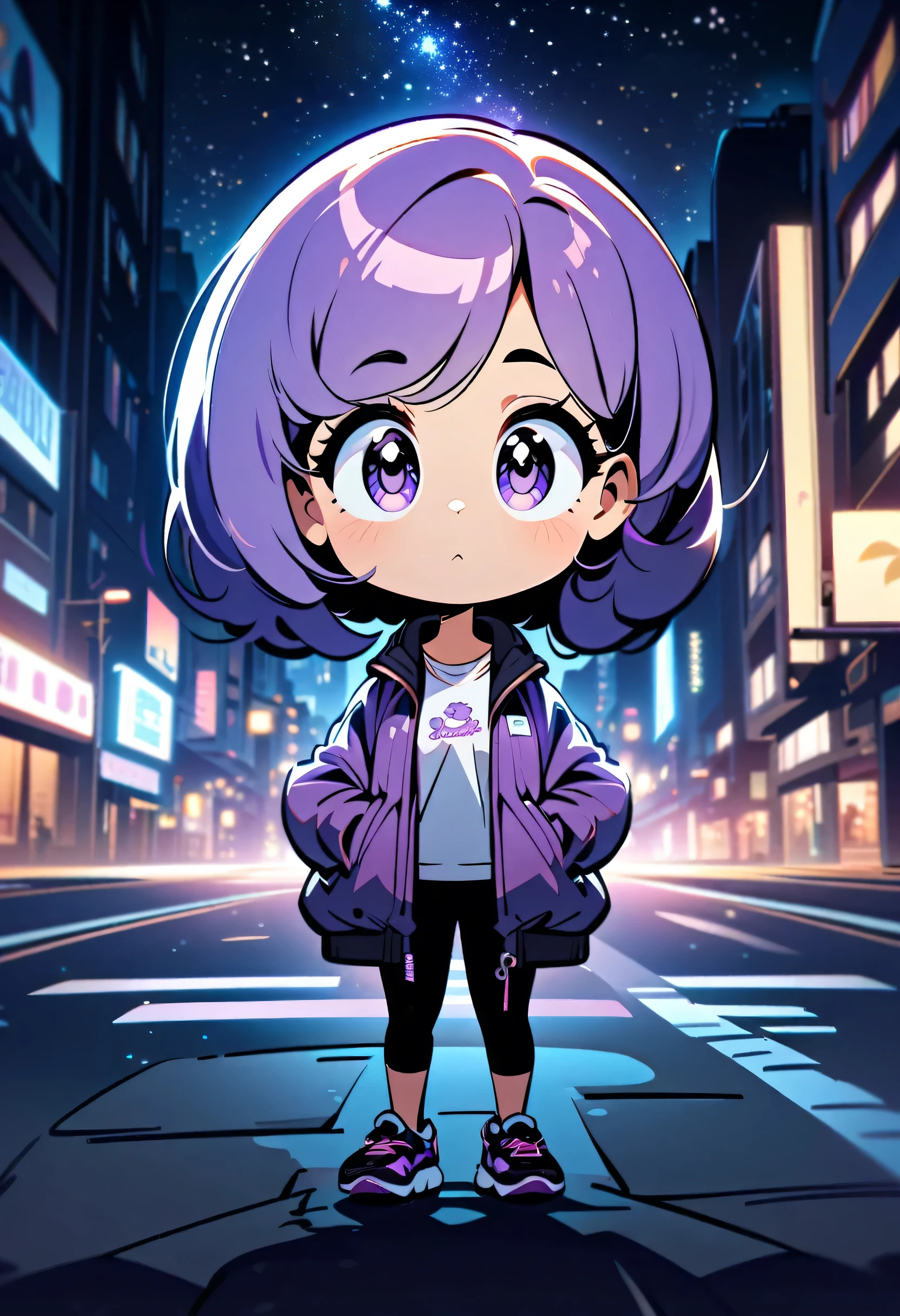 a girl, gorgeous, fitness, long purple hair, big head, big eyes, cute, wearing a jacket, positioned on a road in a city at night, centered in the image, full body, soft urban lighting, starry sky in the background, cartoon art style, in a natural pose, best quality