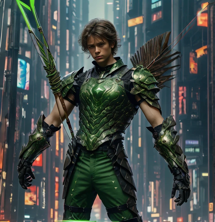 (ultra realistic,32k, masterpiece:1.2, UHD),(high detailed skin:1.1),( high quality:1.1), 1 boy, brown short raw cut hairs, brown eyes, green techno fantasy armor, cyberpunk, techno fantasy bow with ((energy bow arch)),((energy arrows)), caucasian race, light decourations, 18 years old