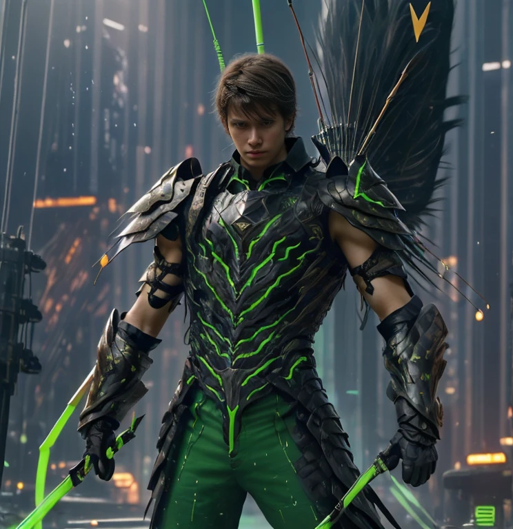 (ultra realistic,32k, masterpiece:1.2, UHD),(high detailed skin:1.1),( high quality:1.1), 1 boy, brown short raw cut hairs, brown eyes, green techno fantasy armor, cyberpunk, techno fantasy bow with ((energy bow arch)),((energy arrows)), caucasian race, light decourations, 18 years old 