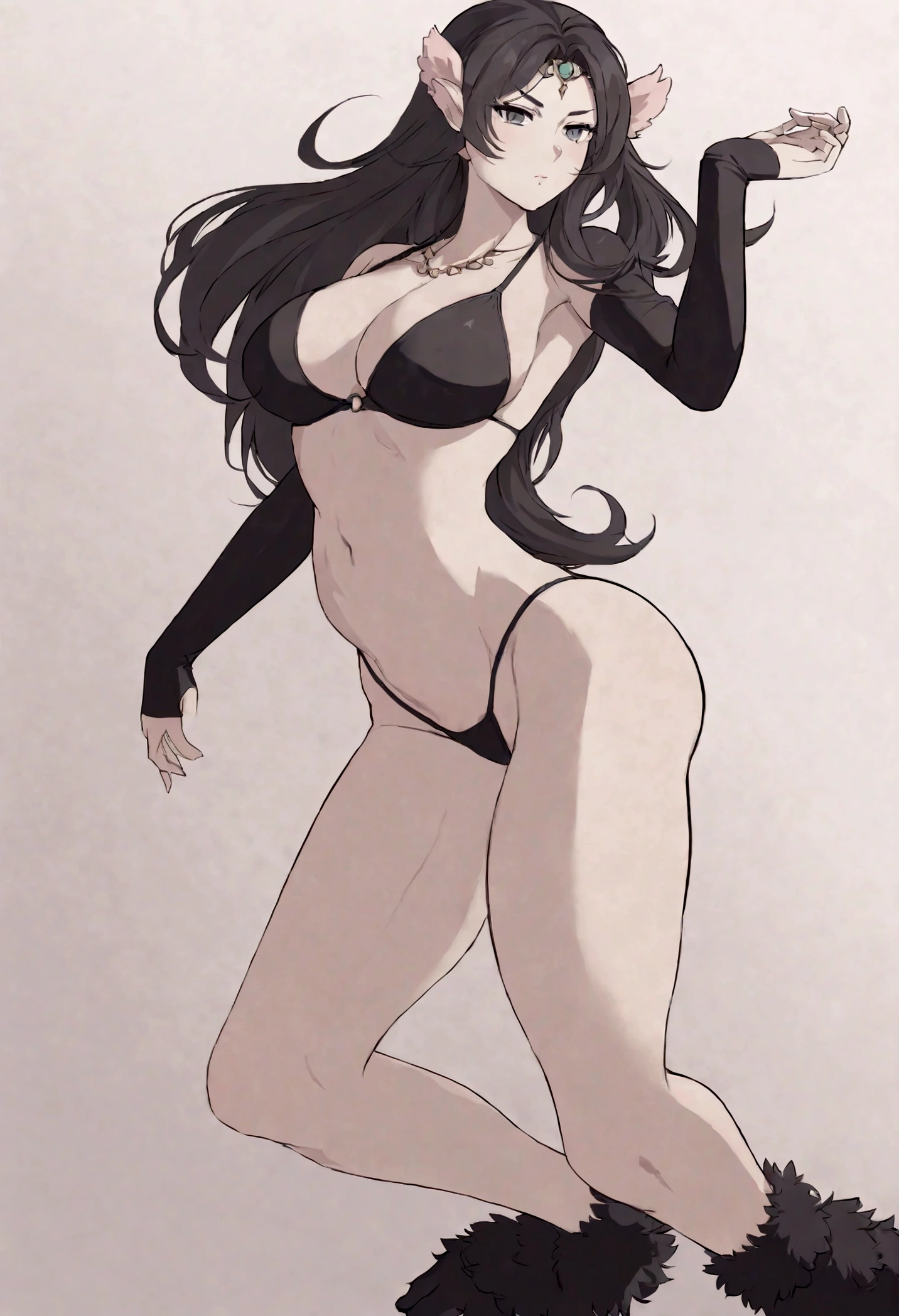 Small but adorned head with large, fluffy ears
Skinny neck
Full and sensitive breasts. And very heavy
Arms, they are long and graceful
My belly is not big and soft
Narrow waist, highlighting the curve of the hips
Hips are very round and wide
Thighs, thick
Long legs
Small and elegant feet, with cute little footpads.