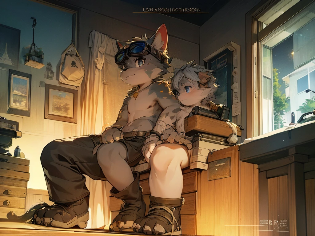 Hyena Boy，Gray fur，Topless, mammal, hairy，Gray Eyes，upscale hotel，goggles，moon tattoo，Cover your crotch with your hands，inventor，Star decoration