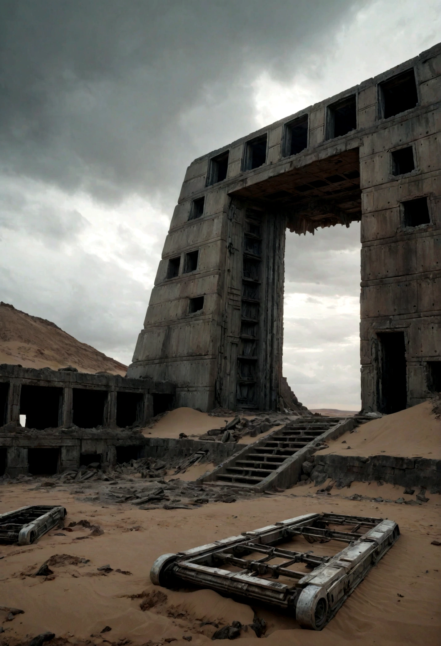 (EN UN VALLE RODEADO DE ACANTILADOS) ((THE DOOR OF AN ALIEN TEMPLE IN RUINS AND IN PIECES) , (A GIANT, THREE-LEVEL, 300-METER-LONG SPACESHIP FALLING RUSTY ABANDONED LAYING IN THE SAND CRUMBLED INTO DOZENS OF PIECES BY TIME))), SUPER HIGH DEFINITION IMAGE WITH HYPER REALISM , MUCHO CALOR, PLANETA SECO, hyper realistic in 4K, cinematic lighting. little vegetation on alien planet other than Earth, cloudy stormy and cold weather, el sol se oculta