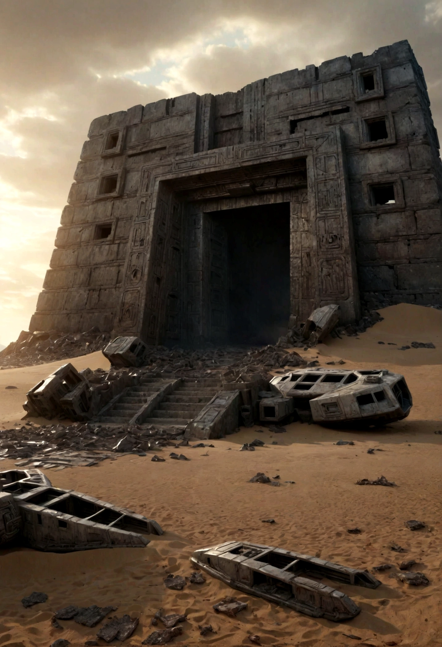(EN UN VALLE RODEADO DE ACANTILADOS) ((THE DOOR OF AN ALIEN TEMPLE IN RUINS AND IN PIECES) , (A GIANT, THREE-LEVEL, 300-METER-LONG SPACESHIP FALLING RUSTY ABANDONED LAYING IN THE SAND CRUMBLED INTO DOZENS OF PIECES BY TIME))), SUPER HIGH DEFINITION IMAGE WITH HYPER REALISM , MUCHO CALOR, PLANETA SECO, hyper realistic in 4K, cinematic lighting. little vegetation on alien planet other than Earth, cloudy stormy and cold weather, el sol se oculta