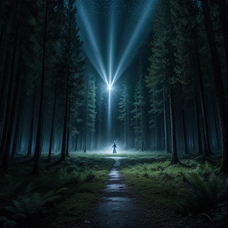arte de fantasia, Arte RPG, Dark arte de fantasia, foto ultra ampla, CRU, Fotorrealista, a photo of a UFO descending into a dark forest clearing at night, (Mist rising from the terrain, fundo de floresta de fantasia escura, melhor qualidade, 16k, [ultra detalhado], Obra de arte, melhor qualidade, (ultra detalhado), foto ultra ampla, fotorrealismo. There are no people in the picture. 