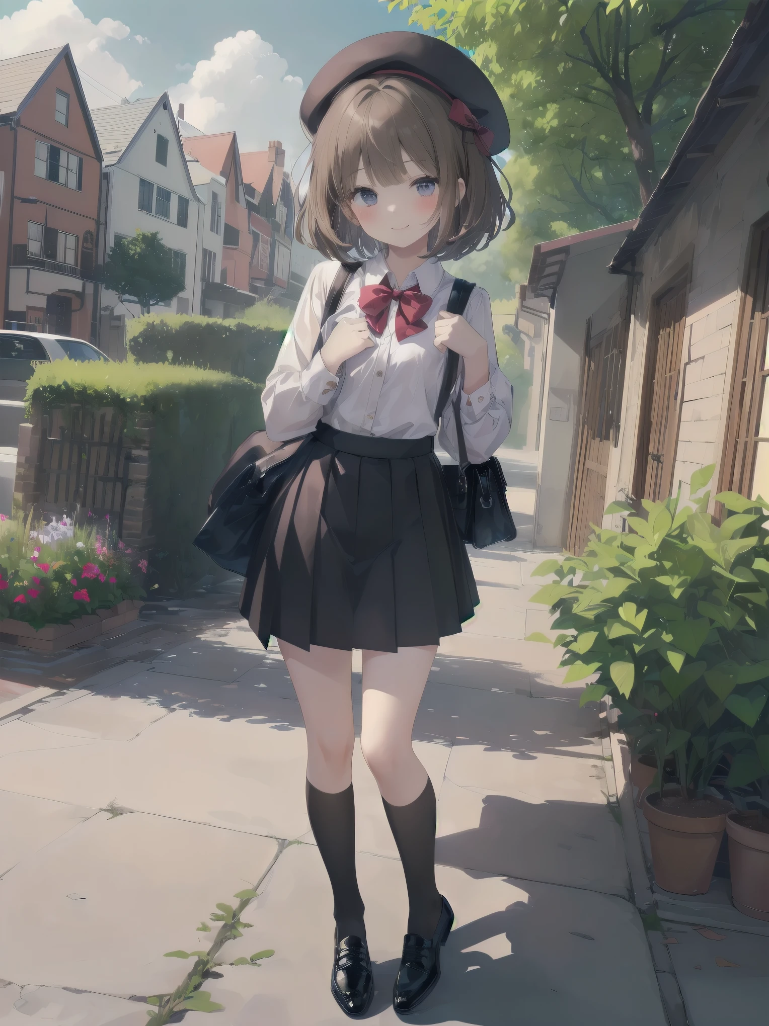 (((Very detailed, Very detailed CG ユニティ 8k 壁紙, figure, High resolution, Absurd, Beautiful fine details, finely detailed chest, Very detailed髪)), ((masterpiece))
Outdoor,null,cloud,Grass,
((Beautiful fine details)),
One girl,alone,
Subjective View Crotch,
Cowboy Shot,
One girl, shirt, bow, Brown Hair, bowtie, skirt, red bow, white shirt, One boy, Have, red bowtie, black skirt, shoes下, bag, collared shirt, Dutch Angle, beret, Black Hat, Open your mouth, shoulder bag, Iris, Medium Hair, shoes, Mouth closed, Long sleeve, Black footwear, null, blush, Bob Cut Hair, bangs, Outdoor, Smiling at the viewer, chest, Are standing, building, A shy and shy pose