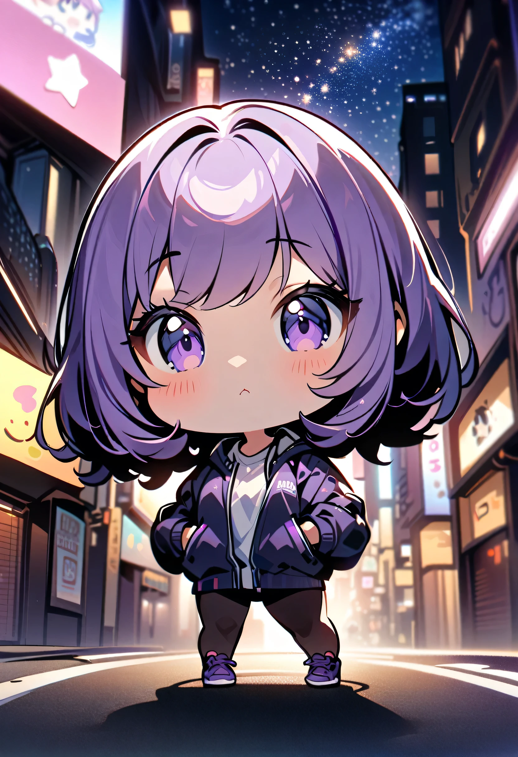 a girl, gorgeous, fitness, long purple hair, big head, cute, wearing a jacket, positioned on a road in a city at night, centered in the image, full body, soft urban lighting, starry sky in the background, chibi art style, in a natural pose, best quality