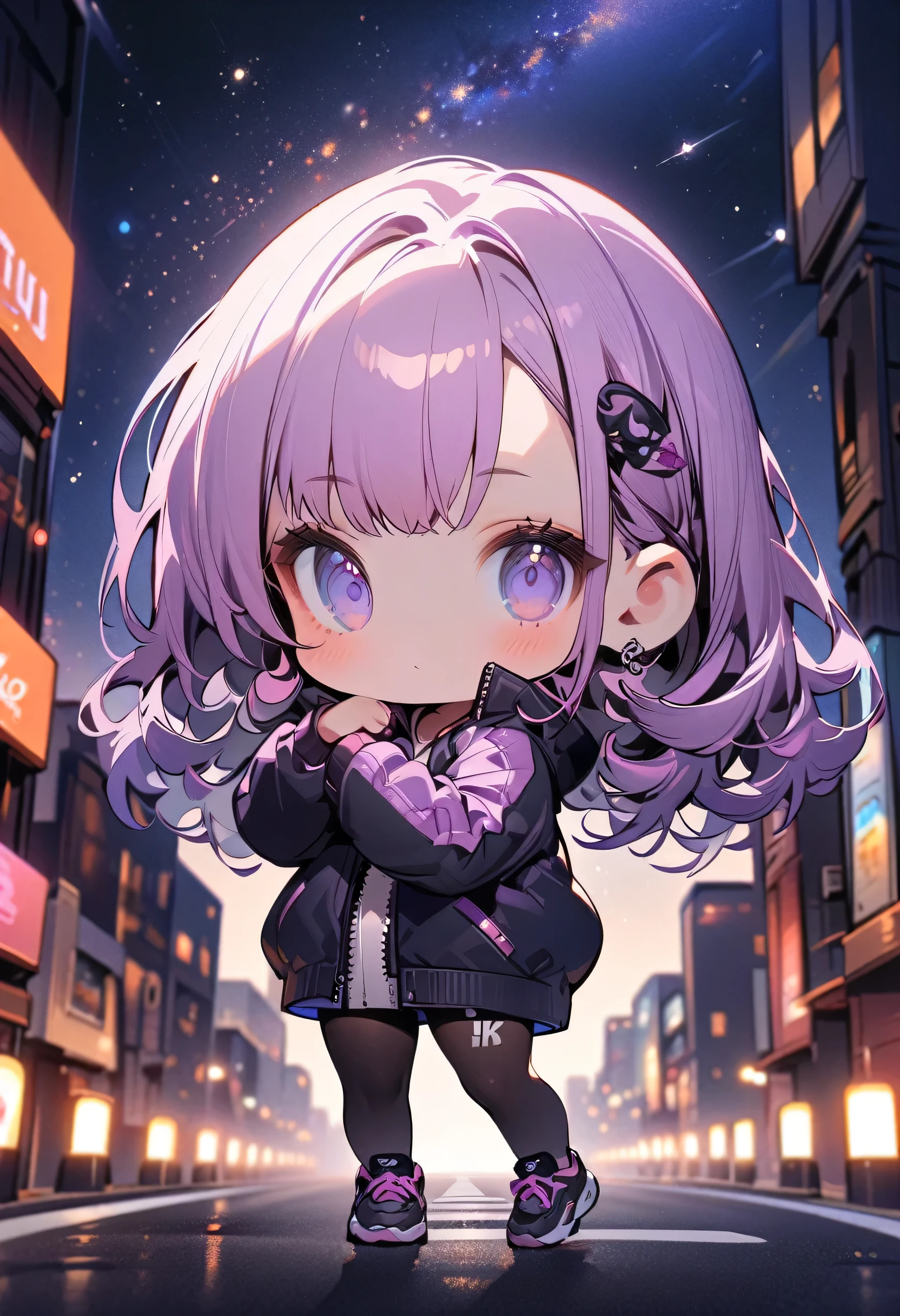 a girl, gorgeous, fitness, long purple hair, big head, cute, wearing a jacket, positioned on a road in a city at night, centered in the image, full body, soft urban lighting, starry sky in the background, chibi art style, in a natural pose, best quality