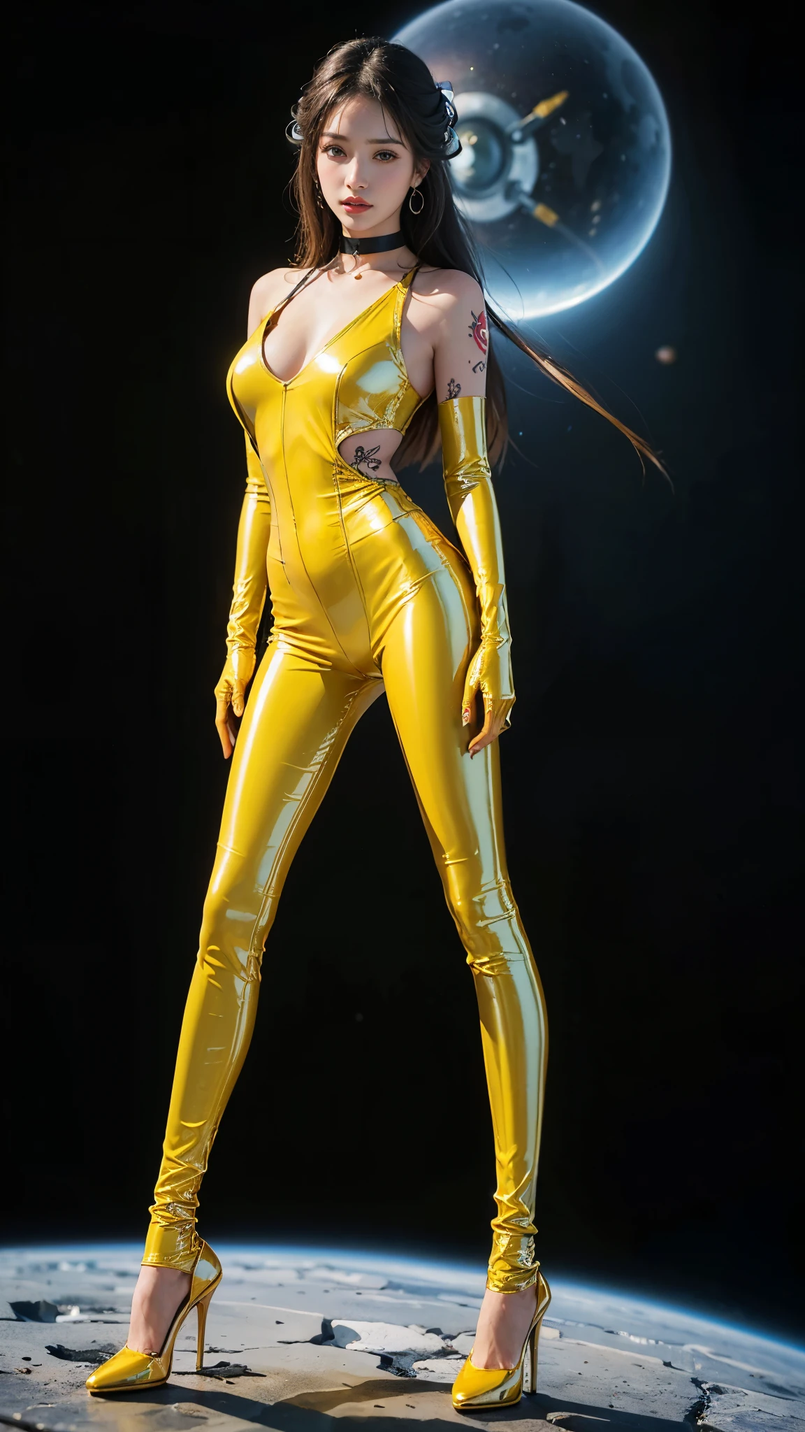 ((masterpiece:1.4)、(highest quality:1.4)、(Realistic:1.7))、Masterpiece:1.4、(Top-notch rendering:1.4)、(Kaoru, the beautiful navigator of the Space Battleship Fuji:1.4)、Super Beauty航海士Kaoru、(By Luis Royo:1.4)、(A uniform that accentuates your beautiful figure:1.2)、(Futuristic sci-fi battle fashion:1.2)、(Street Style Wear)、(Tight Fit Pants)、(Shiny luxury latex:1.4)、(Luxury yellow latex:1.4)、19 years old、(Cute Tattoos:1.4)、(Wearing yellow gloves)、Cute Girl、Super Beauty、(Seductive pose)、Sharp Focus、Portrait Photography:1.4、8k、Photorealistic images:1.4、(Perfect female body:1.4)、Perfect proportions、(Standing:1.4)、(Full body photography:1.4)、Beautiful Face、Fearless look、Beautiful Eyes、(A girl with a beautiful body and slender abdominal muscles)、(Narrow waist:1.4)、(9-body proportions beautiful girl:1.4)、(A beautiful girl with long legs and a good figure:1.4)、Beautiful feet:1.4、(Long Hair:1.2)、Heavy makeup、Eyeshadow、Glow Eye、Glow Lip、Beautiful breasts、Large Breasts:1.2、sexy ass、(Standing facing forward:1.4)、Raw photo、Red lips、Yellow high heels:1.4、choker:1.4、necklace:1.4、Earrings:1.4、1 Screen Display:1.4、Space Battleship Fuji's bridge:1.2