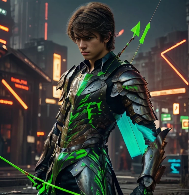 (ultra realistic,32k, masterpiece:1.2, UHD),(high detailed skin:1.1),( high quality:1.1), 1 boy, brown short raw cut hairs, brown eyes, green techno fantasy armor, cyberpunk, techno fantasy bow with ((energy bow arch)),((energy arrows)), caucasian race, light decourations, 18 years old 