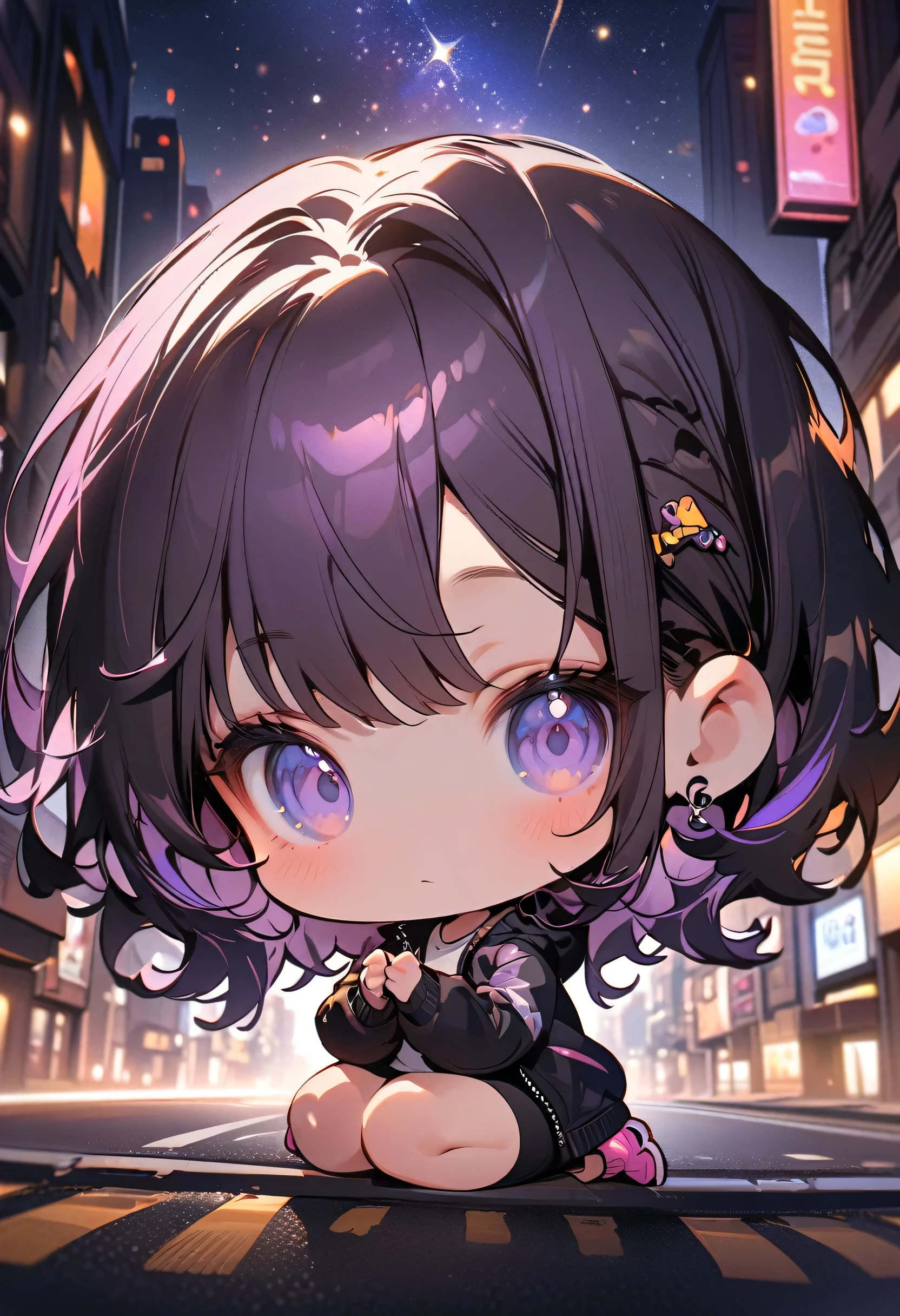 a girl, gorgeous, fitness, long purple hair, big head, cute, wearing a jacket, positioned on a road in a city at night, centered in the image, full body, soft urban lighting, starry sky in the background, chibi art style, in a natural pose, best quality