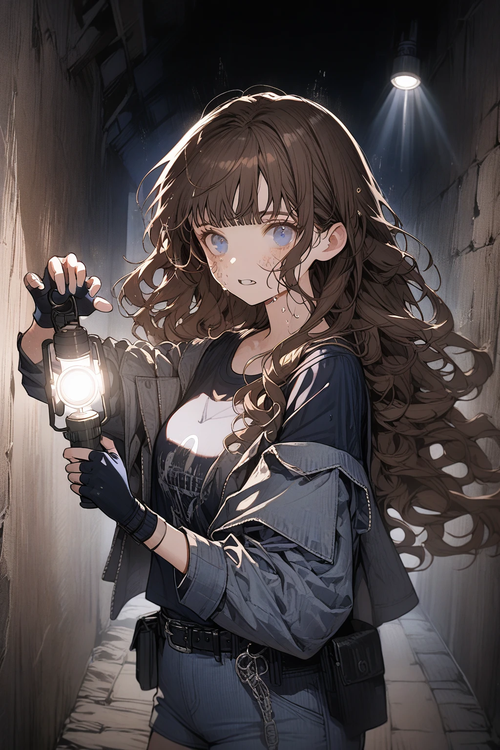 1 girl, blue eyes, CuteStyle, upper body, brown hair, long hair with bangs, dressed in a black T-shirt and gray jeans, black belt on shorts, holding a flashlight, shining a flashlight into the hallway, light from a flashlight, wearing black fingerless gloves, black, in the basement, detailed, dynamic, flowing hair, beautiful, dark, tense atmosphere, sweat on the face, worried look, gentle tones