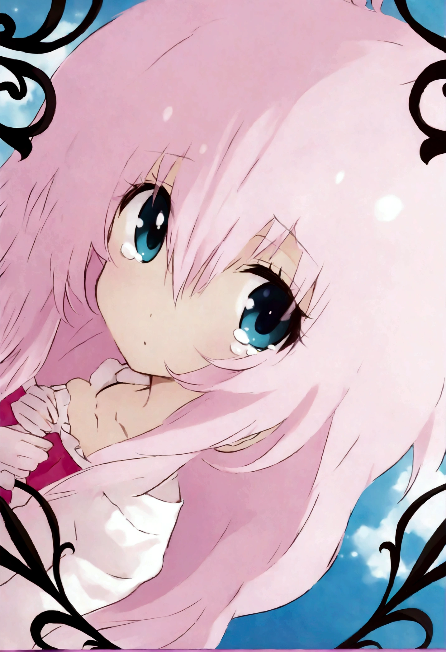 Pink hair。Her eyes are sparkling blue。Long eyelashes、It is long and thin。My eyes are moist with tears。: 17。e image is from the anime「To Love-Ru」Cute like Momo。The length of the hair is short。The composition is an overhead view like the key visual.。