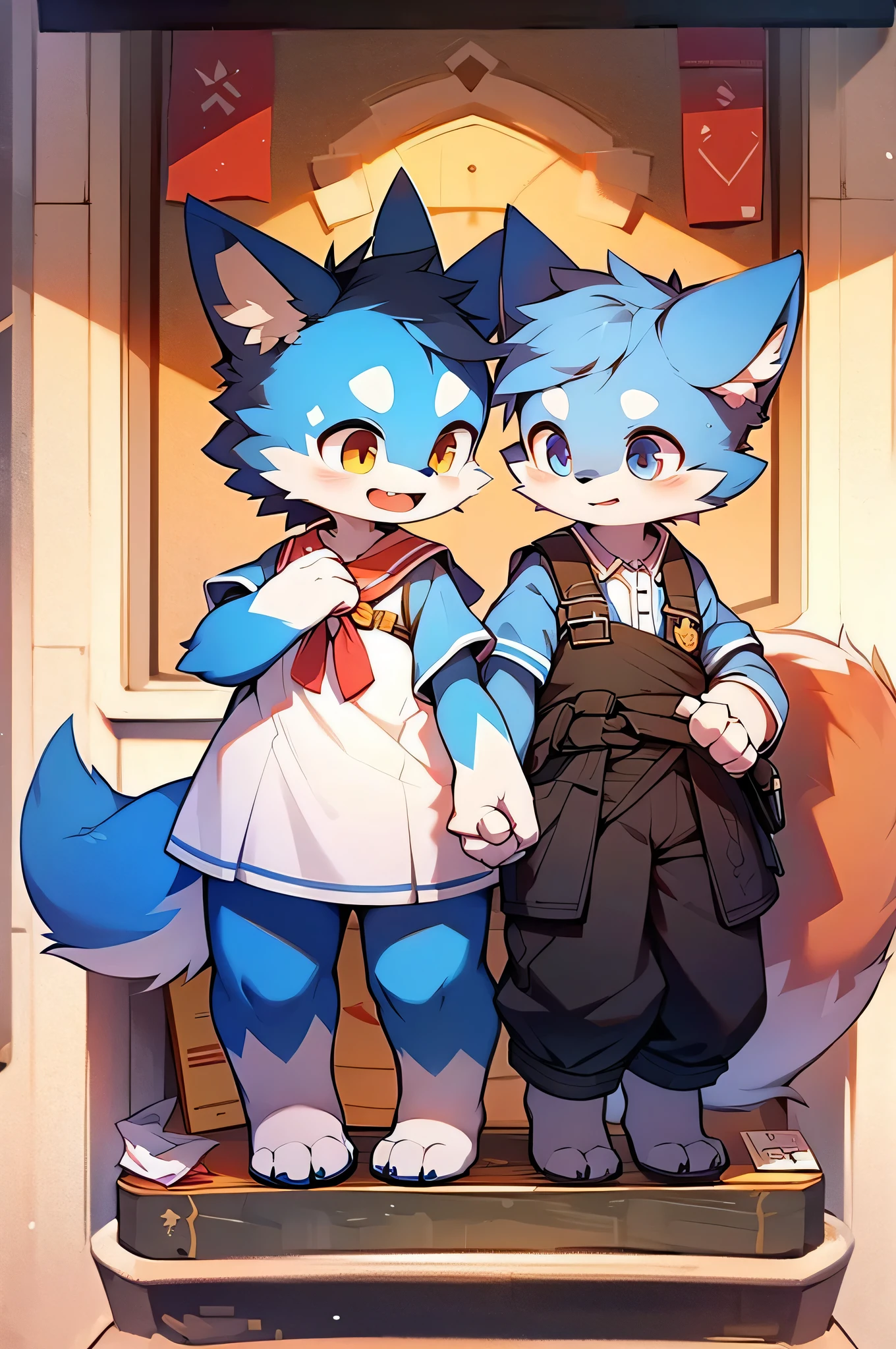 Blue fur, Canine, fox motif, Couple of girls and boys, uniform、Hand in hand,