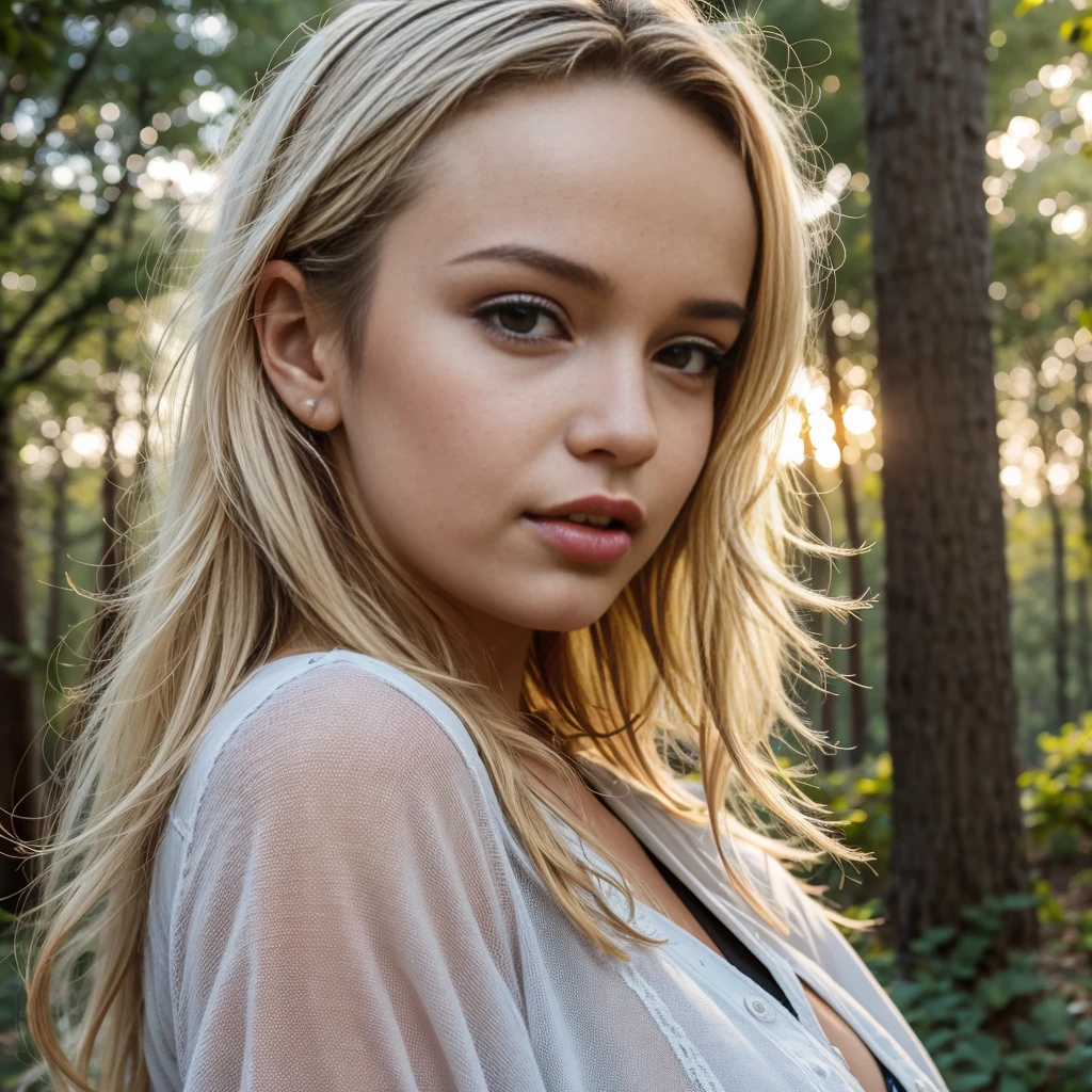 closeup portrait, cute smile, blonde hair, parted lips, lips, casual dress, looking at viewer, forest background, sunset lights, realistic