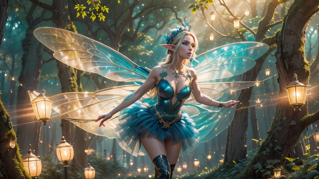 Beautiful faerie woman, elf ear, flying, hovering, floating, centered holographic dragonfly wings, balanced wings, glowing blue eyes, detailed proportional hand, manicured hands, proportional body, firm breast, silk tutu, oak tree forest, frank Frazzetta painting style, (Best Quality:1.4), (Ultra-detailed), (extremely detailed CG unified 8k wallpaper), Highly detailed, RAW Photos, Professional Photography, plein air, Illumination, (Super fancy photos:1.4), (Dazzling light), Radiant Photography, depth of fields,