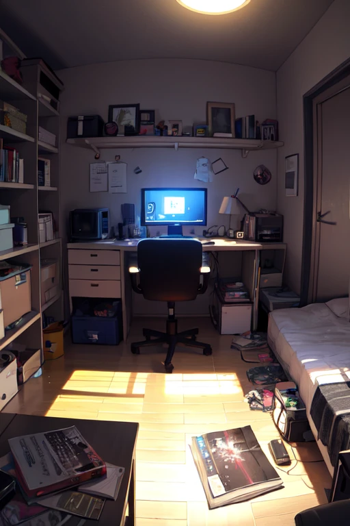 a messy room at night with purple LED lights, um pc gamer com led, a messy bed, shelf with manga, guarda roupa preto e um puff amarelo  e uma cortina cinza fechada 