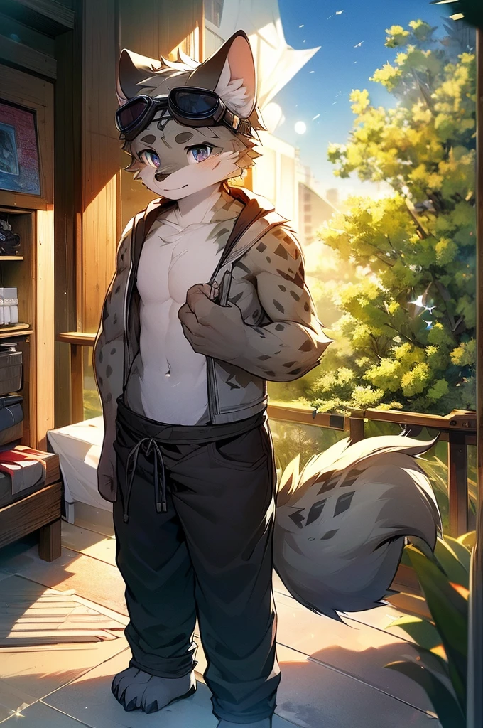 Hyena Boy，Gray fur，Topless, mammal, hairy，Gray Eyes，upscale hotel，goggles，moon tattoo，Cover your crotch with your hands，inventor，Star decoration