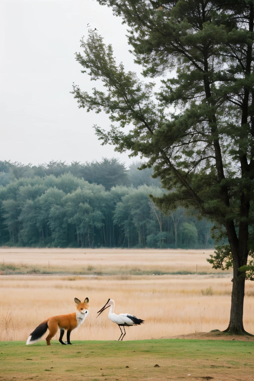 a fox and a stork with trees in the background