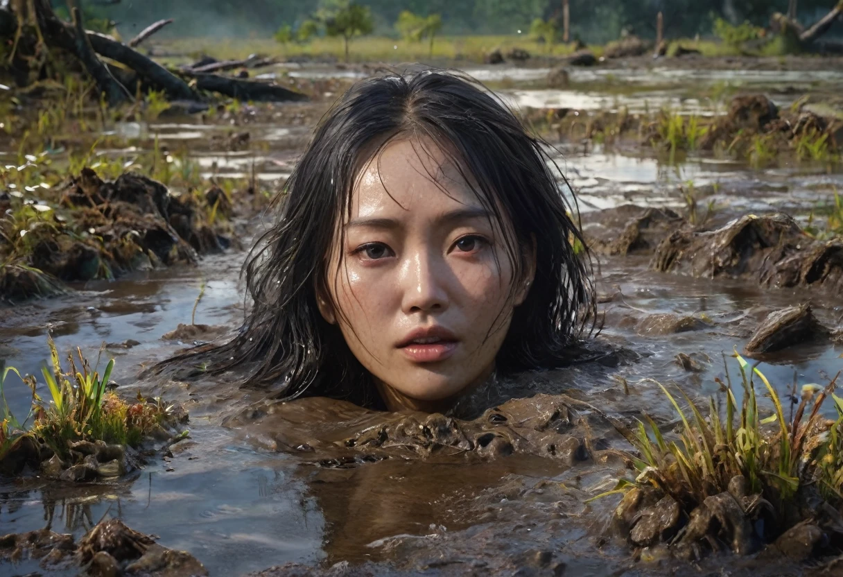 a woman's head drowned in a muddy bog, from afar view:1.0, asian facial features, orgasmic facial expression, losing control, (best quality,4k,8k,highres,masterpiece:1.2),ultra-detailed,(realistic,photorealistic,photo-realistic:1.37),HDR,UHD,studio lighting,ultra-fine painting,sharp focus,physically-based rendering,extreme detail description,professional,vivid colors,bokeh,dark fantasy,dramatic lighting,cinematic