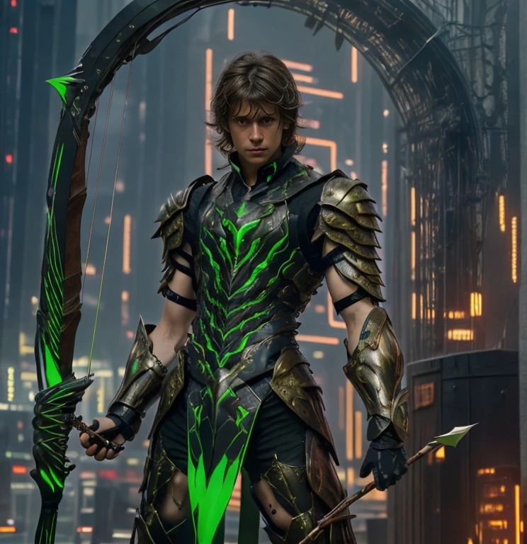 (ultra realistic,32k, masterpiece:1.2, UHD),(high detailed skin:1.1),( high quality:1.1), 1 boy, brown short raw cut hairs, brown eyes, green techno fantasy armor, cyberpunk, techno fantasy bow with ((energy bow arch)),((energy arrows)), caucasian race, light decourations, 18 years old 