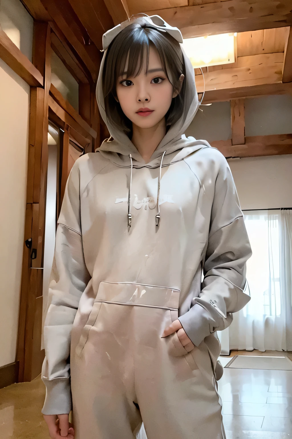 masterpiece, best quality, ultra quality, high quality, realistic, photo realistic,,natural lighting,(cinematic lighting:1.4),RAW photo, hyper detailed, intricate detailed, perfect anatomy, Fujifilm XT3, BREAK 1girl,Japanese,(slender abs:1.3),large hip,(camel toe:1.2),(Dark Blonde very short Bobcut hair over one eye with parted bangs:1.2), (smile:1.3),(blushing:1.3),teary eyes,(light gray sweat pants:1.3), ,(breast focus), (looking at the floor),( looking to the side),( looking at another:1.4), BREAK (in gymnasium:1.5),(indoor), (mideum shot), ,from front, standing,(no bra),(covered nipples),(braless),Oversized_hoodie,(braless),oversized_hoodie_e, ((hoodie:1.5)), long sleeves, BREAK (light gray hoodie:1.3),
