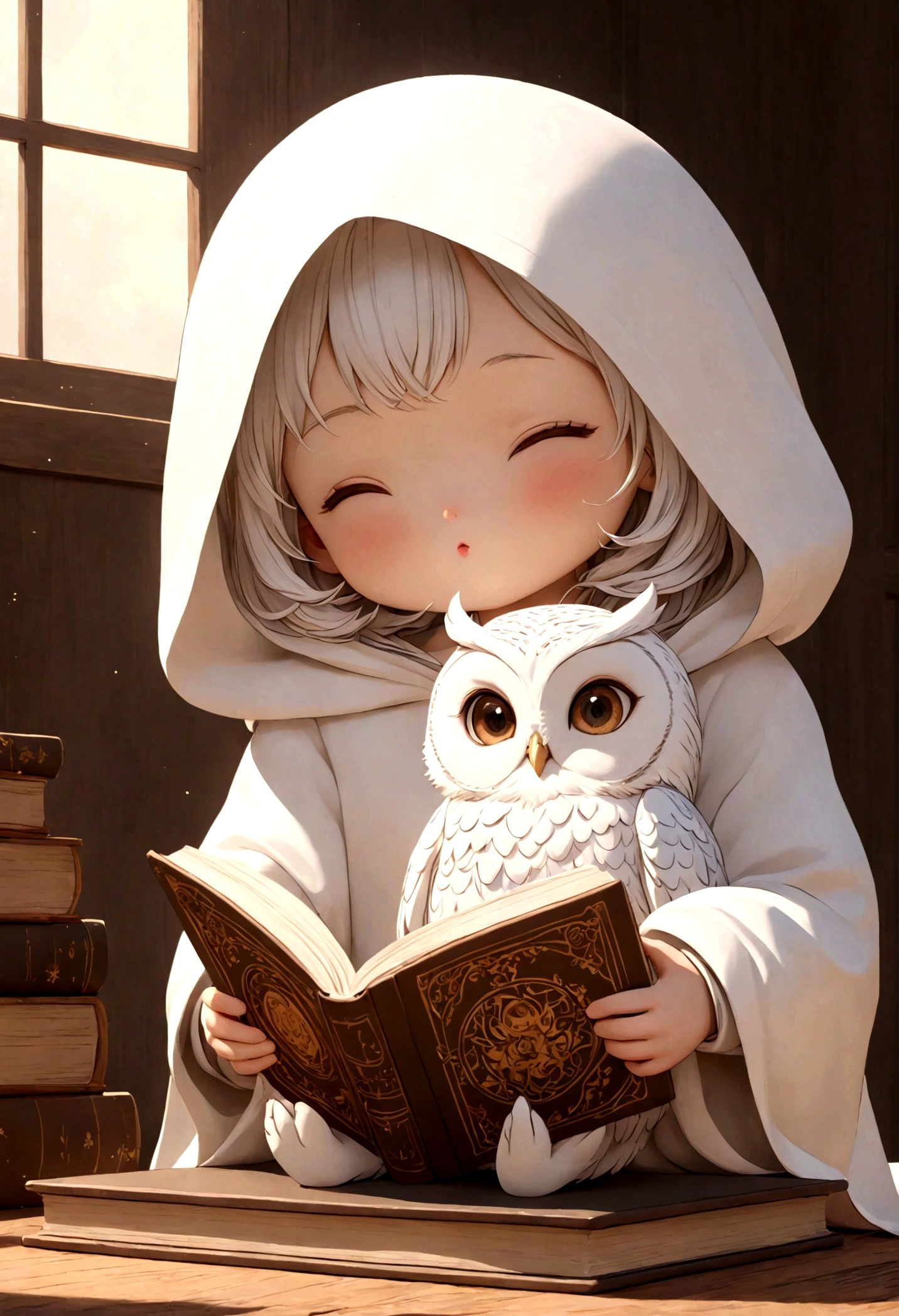  Create a vibrant fantasy and cute scene in a super-detailed animation style. A white owl in a white hood reads a book at the table without seeing its feet.( Perfect anatomical structure )Background laboratory calm and peaceful very cute white owl is reading a book cartoon 3d style   (masterpiece),逼真的masterpiece (best quality), (Ultra-high detail)

                   Very cute white owl doll stunning artwork super detailed digital art