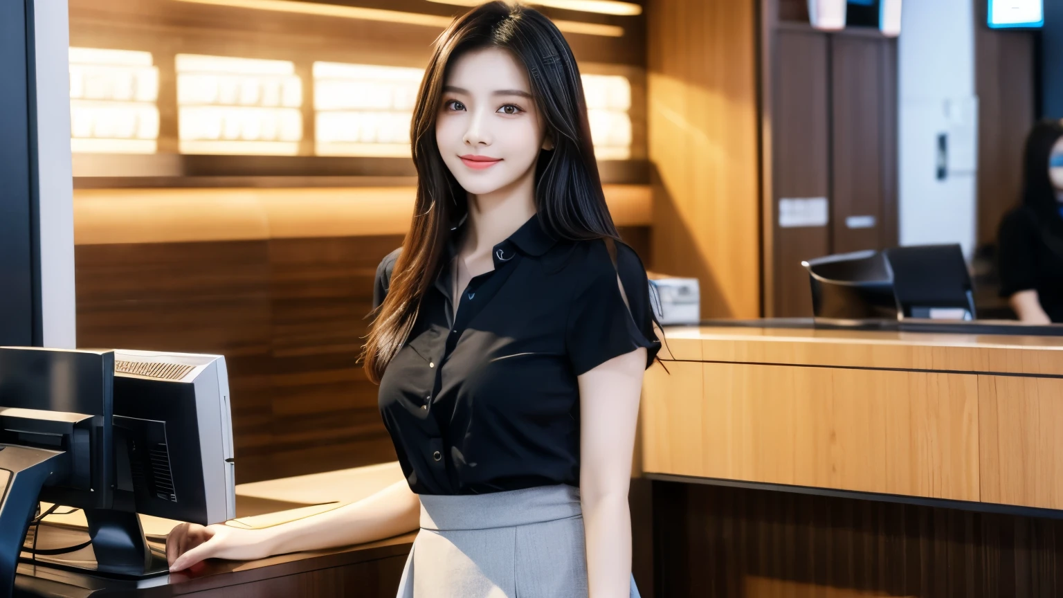 Highest quality、High resolution、8k wallpaper、Dense and beautiful eyedium hair、(Beautiful breasts:1.3)、Natural color lip、25歳のwoman、woman、Black Hair、Semi-long hair、smile、Fluffy blouse、Knee-length tight skirt、Applying lips、banker、Working in a bank、OL、reception、Are standing