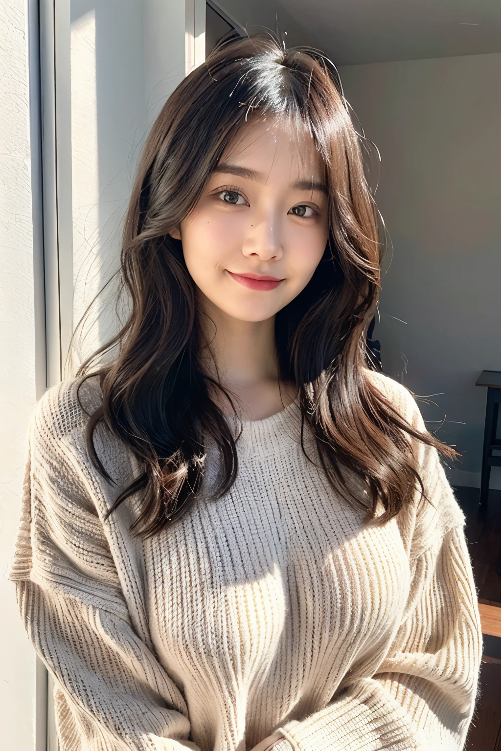 Edgy Pinterest Women, 20-year-old, Wearing a large sweater, Happy, Dimples, Natural look, sunny, Soft lighting, Emotional,Long Hair,Large Breasts