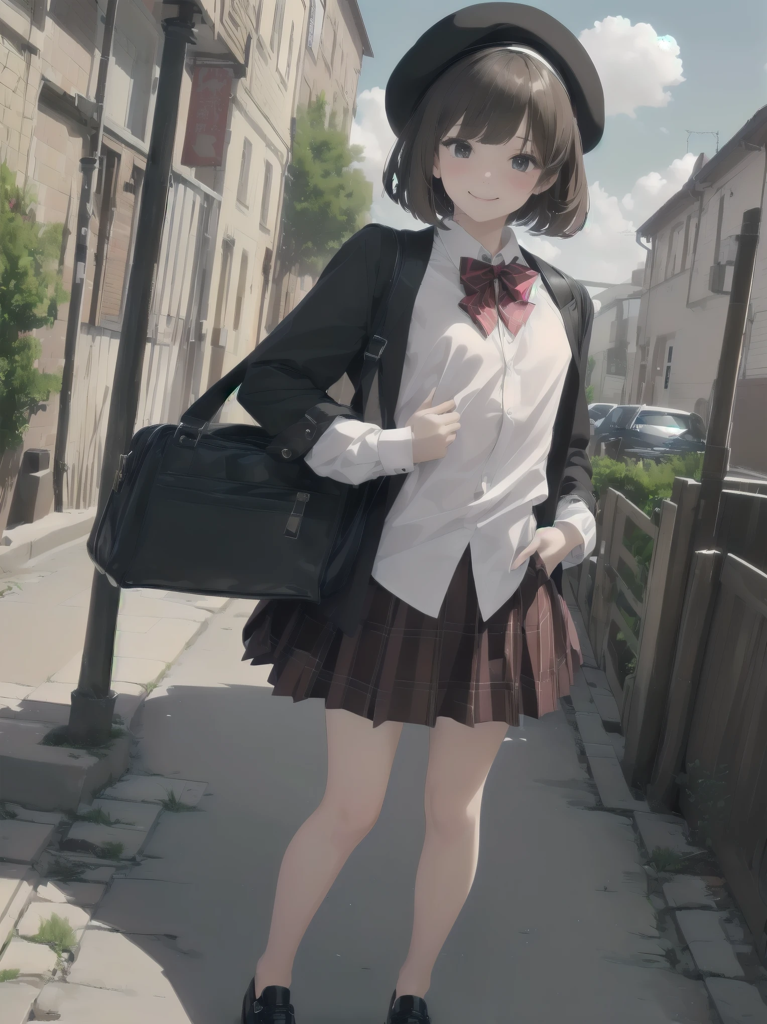 (((Very detailed, Very detailed CG ユニティ 8k 壁紙, figure, High resolution, Absurd, Beautiful fine details, finely detailed chest, Very detailed髪)), ((masterpiece))
Outdoor,null,cloud,Grass,
((Beautiful fine details)),
One girl,alone,
Subjective View Crotch,
Cowboy Shot,
One girl, shirt, bow, Brown Hair, bowtie, skirt, red bow, white shirt, One boy, Have, red bowtie, black skirt, shoes下, bag, collared shirt, Dutch Angle, beret, Black Hat, Open your mouth, shoulder bag, Iris, Medium Hair, shoes, Mouth closed, Long sleeve, Black footwear, null, blush, Bob Cut Hair, bangs, Outdoor, Smiling at the viewer, chest, Are standing, building, A shy and shy pose