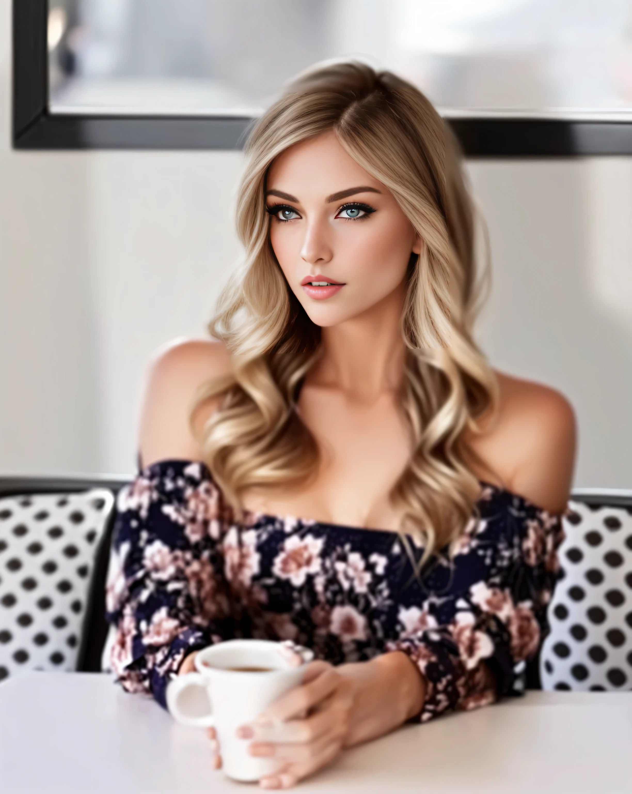 blonde woman sitting at a table with a cup of coffee, photo pinterest, leaked photo, beautiful blonde woman, leaked image, photo of a beautiful woman, alana fletcher, by Emanuel Witz, instagram model, by Lucette Barker, by Silvia Pelissero, young southern woman, beautiful blonde girl, by Sara Saftleven