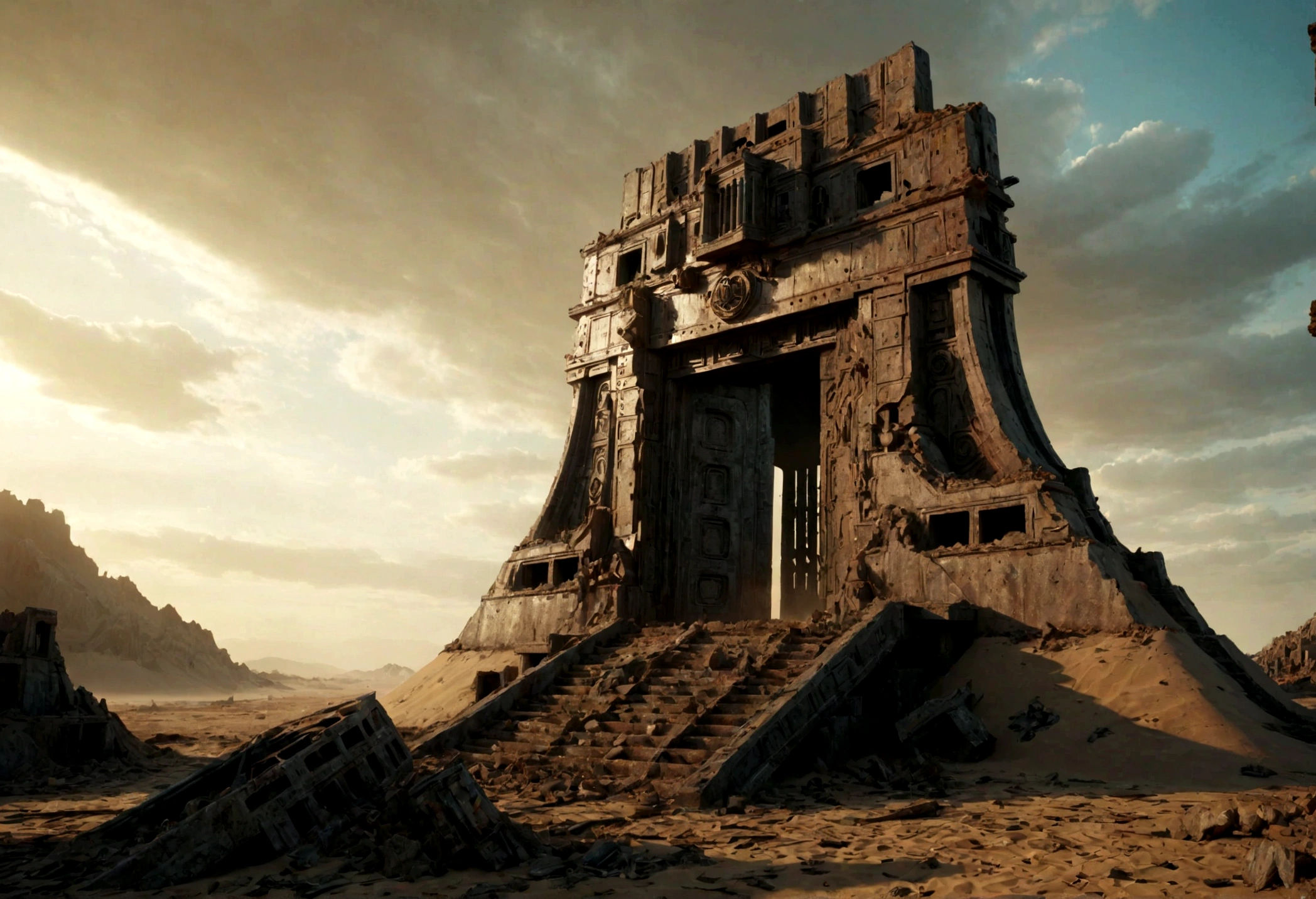 (EN UN VALLE RODEADO DE ACANTILADOS) ((THE DOOR OF AN ALIEN TEMPLE IN RUINS AND IN PIECES) , (A GIANT, THREE-LEVEL, 300-METER-LONG SPACESHIP FALLING RUSTY ABANDONED LAYING IN THE SAND CRUMBLED INTO DOZENS OF PIECES BY TIME))), SUPER HIGH DEFINITION IMAGE WITH HYPER REALISM , MUCHO CALOR, PLANETA SECO, hyper realistic in 4K, cinematic lighting. little vegetation on alien planet other than Earth, cloudy stormy and cold weather, el sol se oculta
