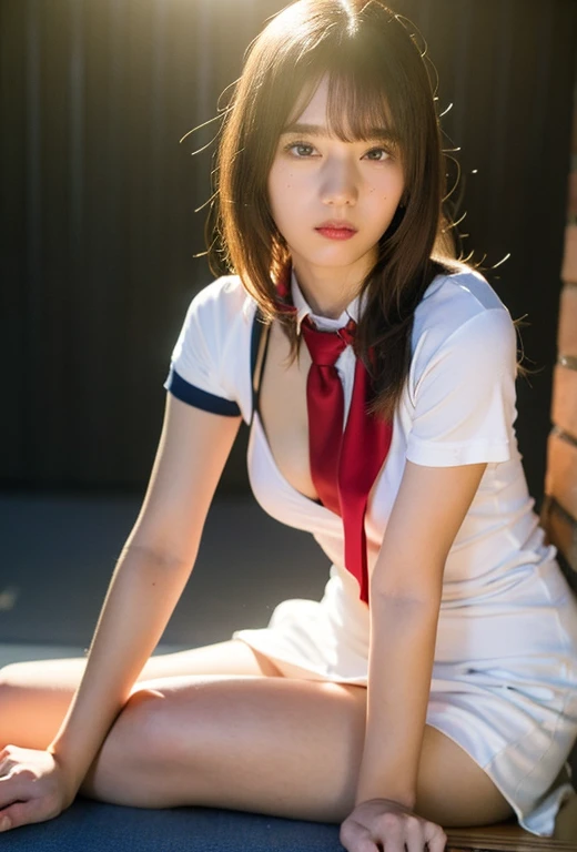 (masutepiece, Best Quality:1.2), 8K, , 85 mm, Official art, Raw photo, absurderes, White dress shirts, Pretty Face, close up, Upper body, violaceaess, gardeniass, Beautiful Girl, , (Navy pleated skirt:1.1), Cinch West, thighs thighs thighs thighs, Short sleeve, on train, Sit on a bench seat, Looking at Viewer, No makeup, (Smile:0.4), Film grain, chromatic abberation, Sharp Focus, face lights, clear lighting, Teen, Detailed face, Bokeh background, (dark red necktie:1.1)