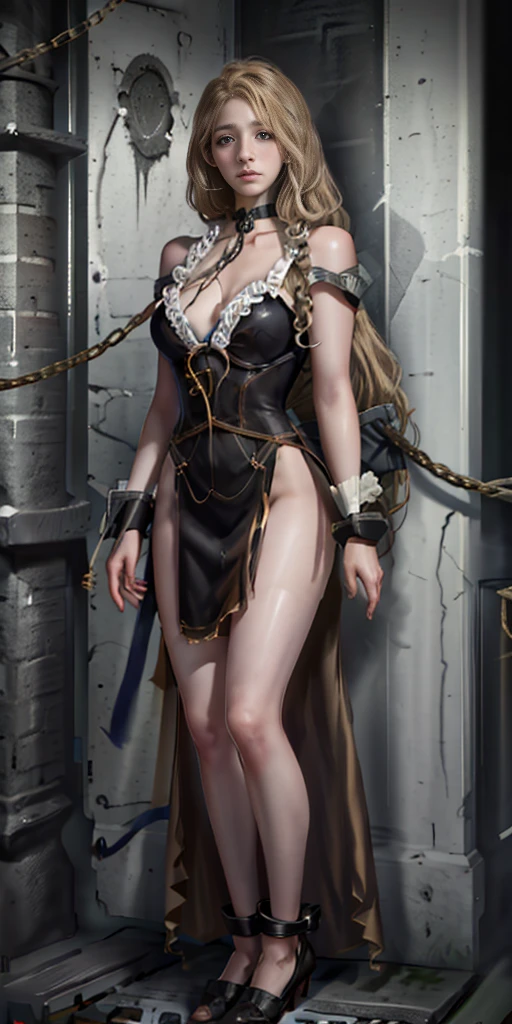 (masterpiece, best quality, plain background:1.2) intricate details, 1girl, 1sologirl in her age19, long hair, Colossal, looking at viewer, blonde hair (standing full body toe to head by wooden pole:1.2) iron collar, arms behind back, iron cuffs, shackles, bound, harness, o-ring, happy red cheeks, chain leash collar choker neck bell shackles wristbands bracers bracelets, cleave gag, sad face, red cheeks, cryings tears, painful (she was sold and betrayed by her own family after been hitted on face) (inflammations swollen face 😢 💔 😞 😭)