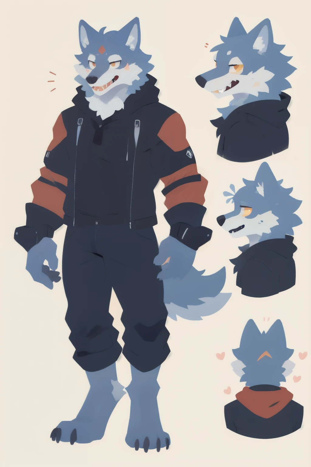 Adult men, male furry fluffy anthropomorphic wolf reference sheet, full body , detailed features like expressive eyes, bushy tail, sharp teeth, realistic fur texture, medium: digital illustration, front view and back view, high-resolution, professional quality, intricate patterns on the fur, adorable and charismatic personality, attention to anatomical, designed facial structure, in motorcyclist's clothes, good faces