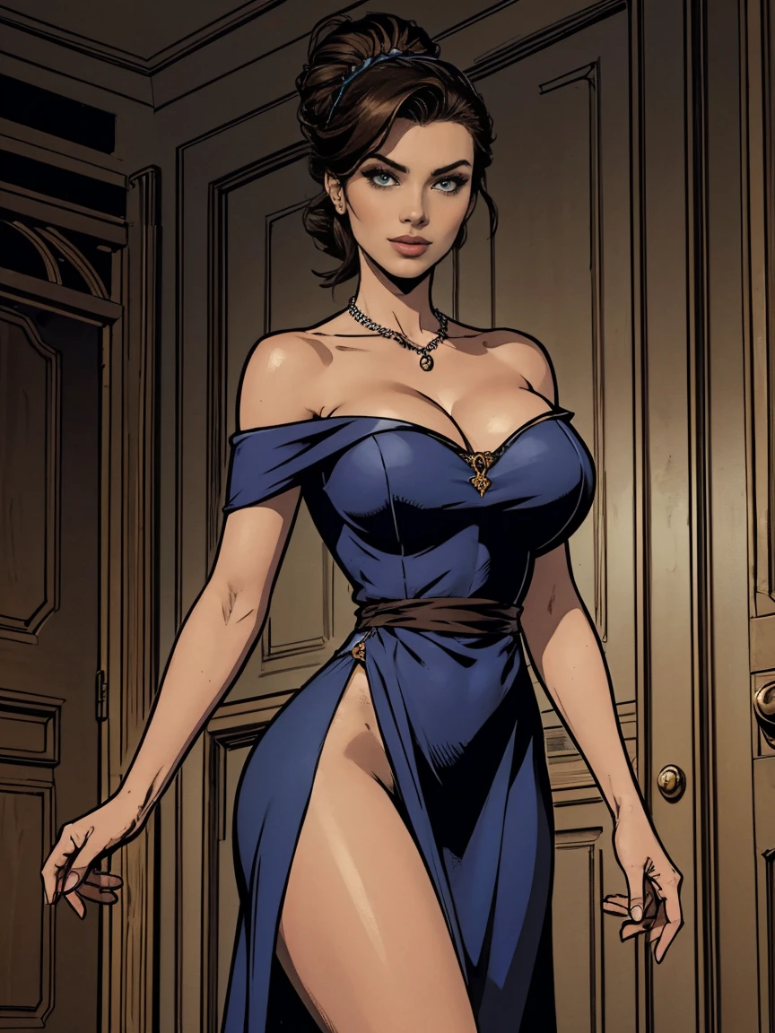 (masterpiece, top quality, best quality, official art, beautiful and aesthetic:1.2), (1girl:1.3), long dark brown hair, ((elegant updo)), extremely detailed, portrait, looking at viewer, solo, (full body:0.6), detailed background, close up, mischievous green eyes, (warm evening ballroom theme:1.1), extremely busty (thin) brunette, good posture, huge lips, charlatan, smirk, mysterious, strutting, dark blue off-shoulder dress, tight dress, gown, elegant, strapless, necklace, bare arms, ((short sleeves, off-shoulder, strapless)), (lifted breasts, ((gigantic breasts, cleavage, skindentation))), bouncing breasts, slim waist, slim hips, long legs, modern (ballroom interior:1.1) background, dark mysterious lighting, shadows, magical atmosphere, dutch angle