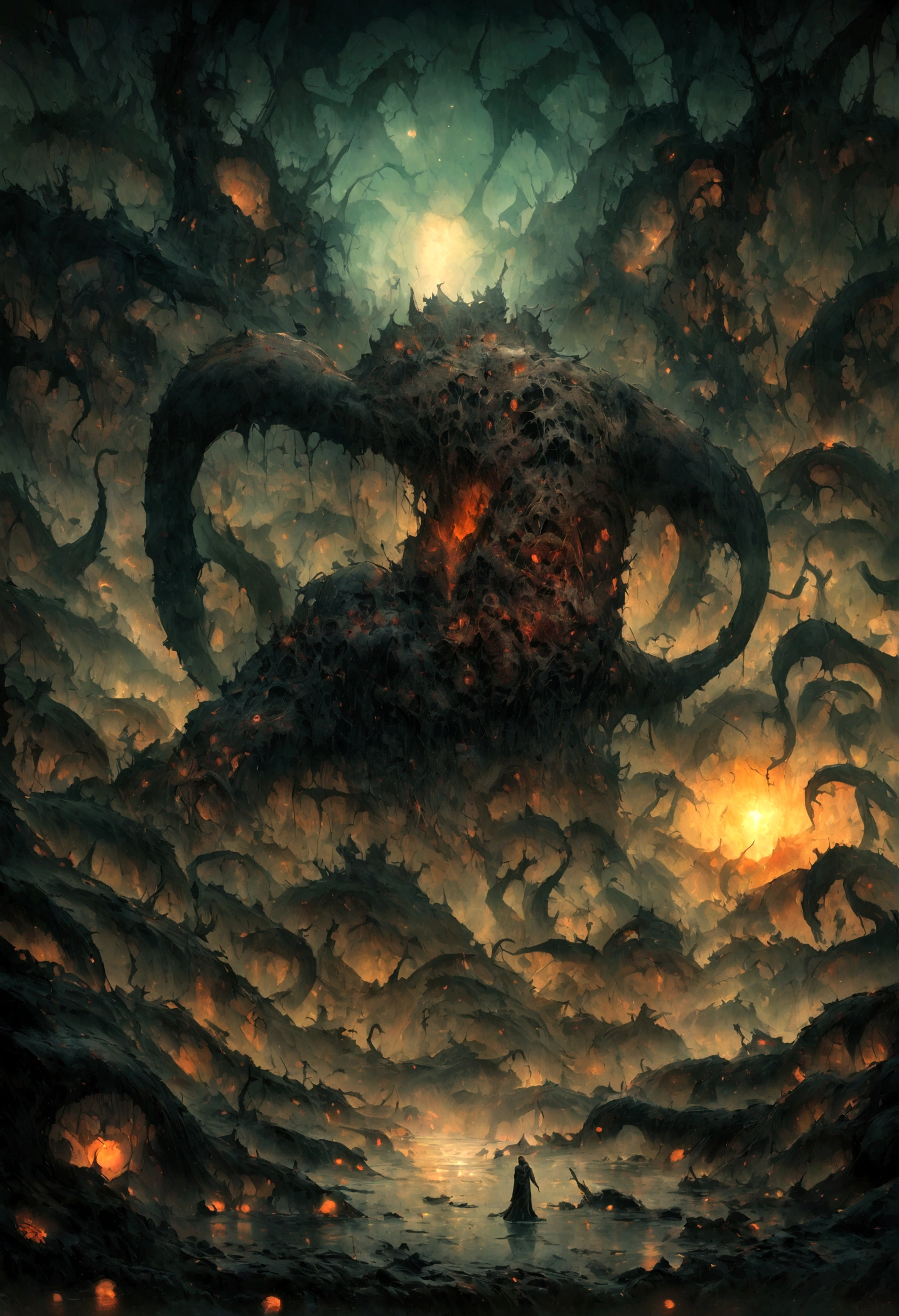 gallery level art, surreal, Muted palette textured oil painting in the style of Mariusz Lewandowski, Hieronymus Bosch, H. R. Giger: morbus. surrealism. mystery mood. very detailed. sand. stains, splashes. oil paints on cracked canvas. dramatic painting effects. biomechanik. cyberpunk. dystopic. dark enviroment. horror. weird. science fiction. depression. scary. creepy. postapocalypse. nebular. rust. blood, flesh. guts. tentacles. amazing depth. intricately detailed, bokeh, perfect balanced, deep fine borders. gothic. fire. slime. very dark mood.