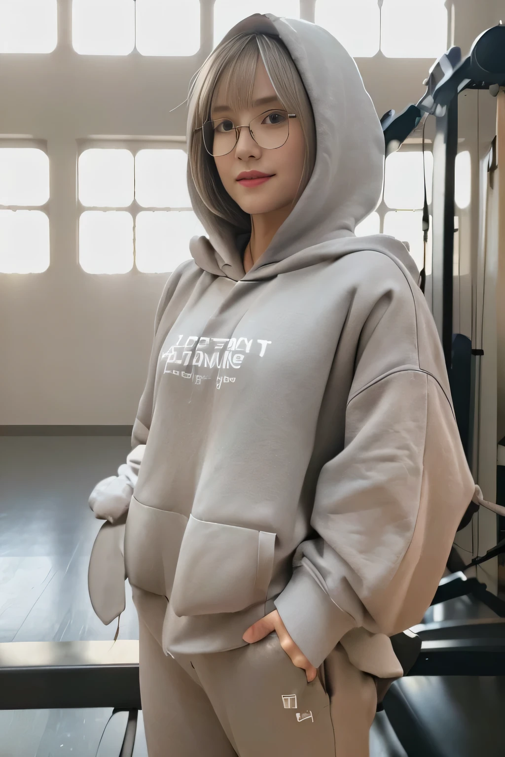 masterpiece, best quality, ultra quality, high quality, realistic, photo realistic,,natural lighting,(cinematic lighting:1.4),RAW photo, hyper detailed, intricate detailed, perfect anatomy, Fujifilm XT3, BREAK 1girl,Japanese,(slender abs:1.3),large hip,(camel toe:1.2),(Dark Blonde very short Bobcut hair over one eye with parted bangs:1.2), (smile:1.3),(blushing:1.3),teary eyes,(light gray sweat pants:1.3),(breast focus), (looking at the floor),( looking to the side),( looking at another:1.4), BREAK (in gymnasium:1.5),(indoor), (mideum shot), ,from front, standing,(down hood:1.3),,(Glasses:1.3),oversized_hoodie_e, ((hoodie:1.5)), long sleeves, BREAK (light gray hoodie:1.3),
