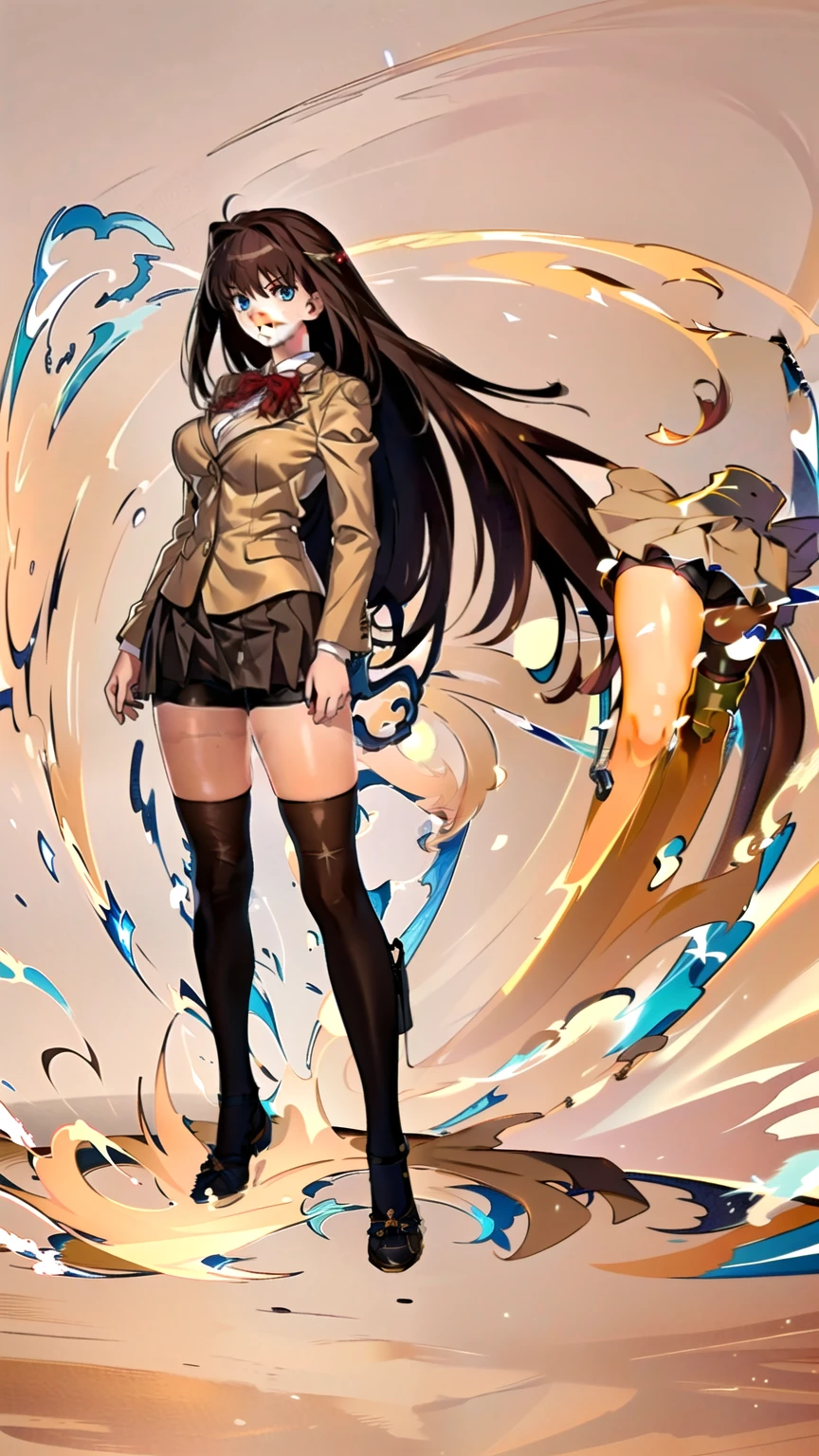 BREAK, centered, BREAK, (EMPTY BACKGROUND), BREAK, (masterpiece), best quality, highest resolution, 8k, illustration, (beautiful detailed eyes:1.5), perfectface, extremely detailed body, CG, perfect hands, perfect anatomy, ((1girl)), ((solo)), (((bbaoko))), ((2 legs max)), ((2 feet max:1.5)), ((swirling vortex shaped longest brown hair:1.5)), (brown longest hair with slightly reddish undertone:1.6), (lush luscious longest brown hair:1.6), (very long voluminous longest brown hair:1.5), serious, blue eyes, red bowtie, (Form-fitting beige blazer:1.5), brown jacket, (highly detailed beautiful face:1.2), ((Flowing skirt)), Wind, (white shirt:1), (well shaped large breasts:1.6), (nice hips:1), pretty legs, ((thigh-high black stockings:1.6)), (((Umber pleated skirt:1.6))), (((large bike-shorts:1.6))), (toned visible skin thighs:1.6), (strap shoes brown color), (facing front:1.5), ((standing straight:1.5)), ((Fullbody in frame:1.5)), ((Full body:1.5)), (takeuchi takashi:1.3)

