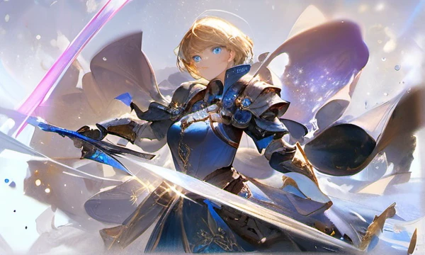 masterpiece, (aesthetic style:0.7), 1girl, solo, blonde hair, short hair, beautiful eyes, blue eyes, mature woman, blue armor dress, blue particles, blue aura, yellow aura, ((best quality)), ((best resolution)) beautiful face, beautiful hair, serious face, blue light.